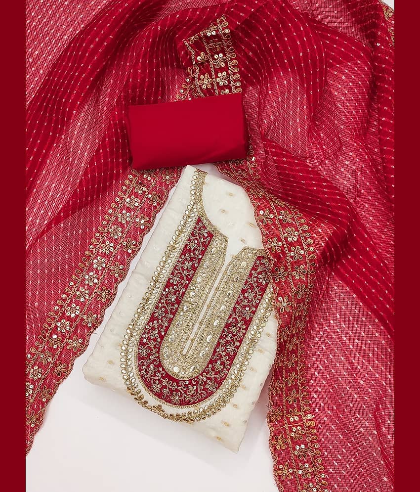 Rangtulika Ethnics Unstitched Silk Blend Embroidered Dress Material - White ( Pack of 1 ) - Unstitched Fabrics | Buy online on ZillyBuy