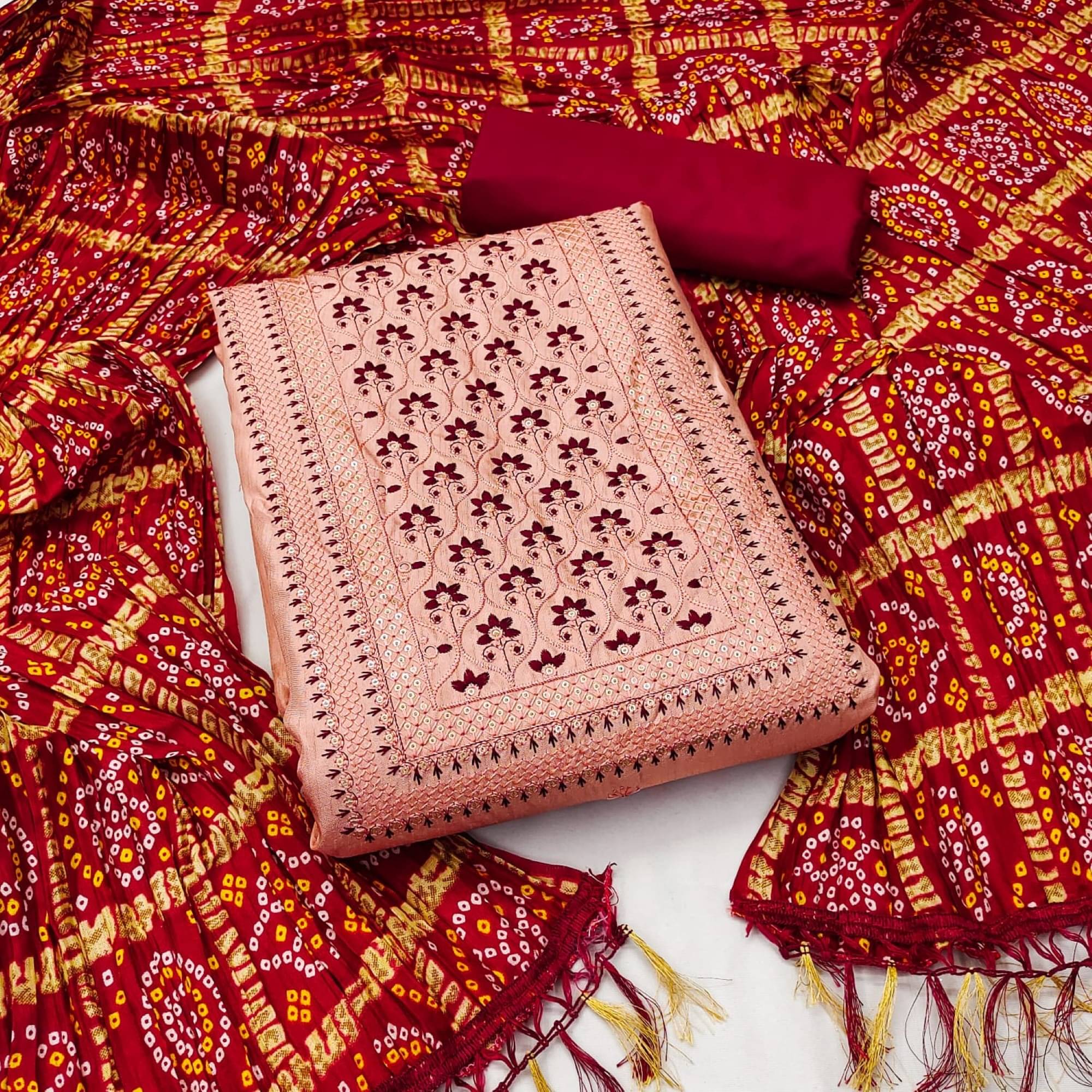 Rangtulika Ethnics Unstitched Silk Blend Embroidered Dress Material - Orange ( Pack of 1 ) Rangtulika Ethnics Unstitched Silk Blend Embroidered Dress Material - Orange ( Pack of 1 )