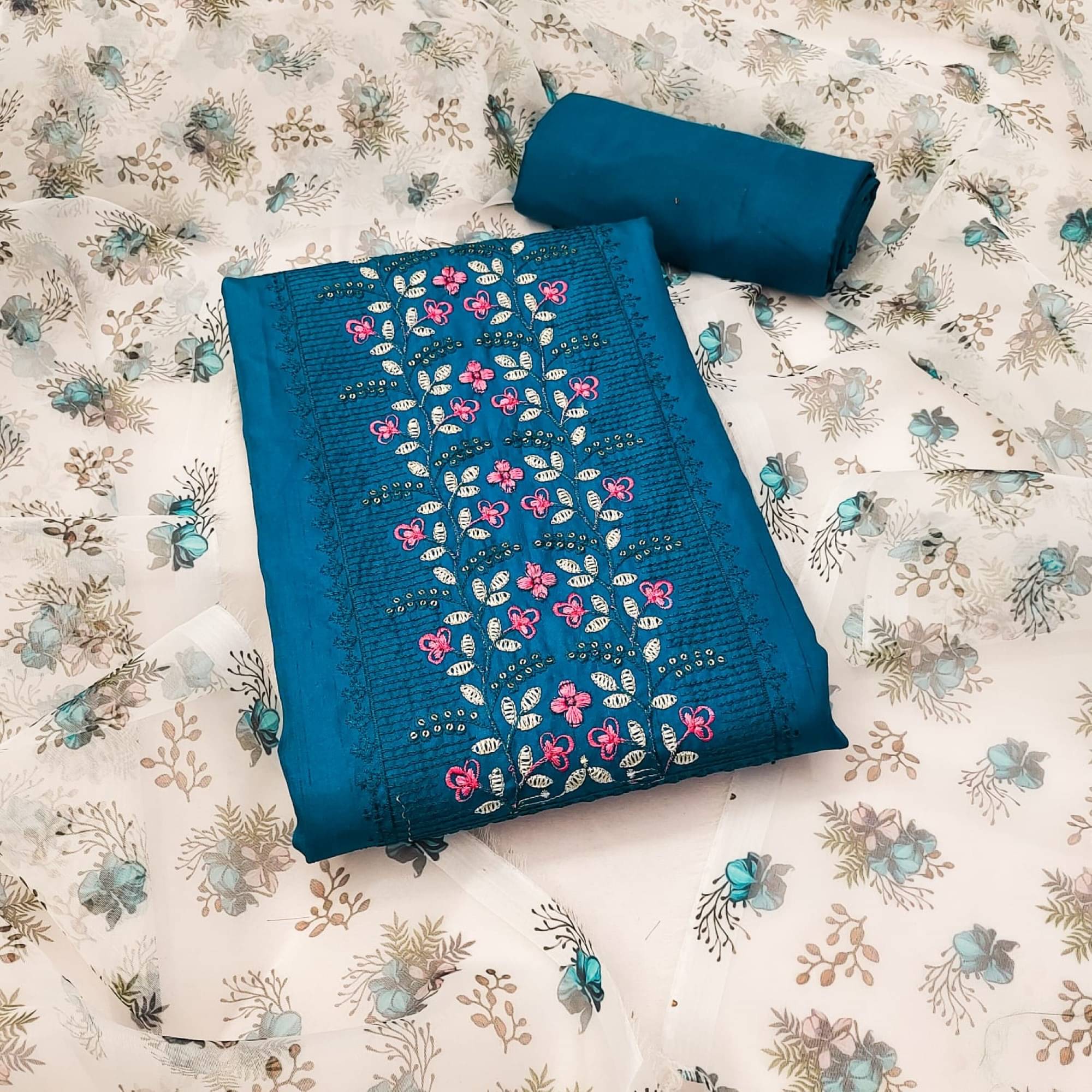     			Rangtulika Ethnics Unstitched Silk Blend Embroidered Dress Material - Blue ( Pack of 1 )