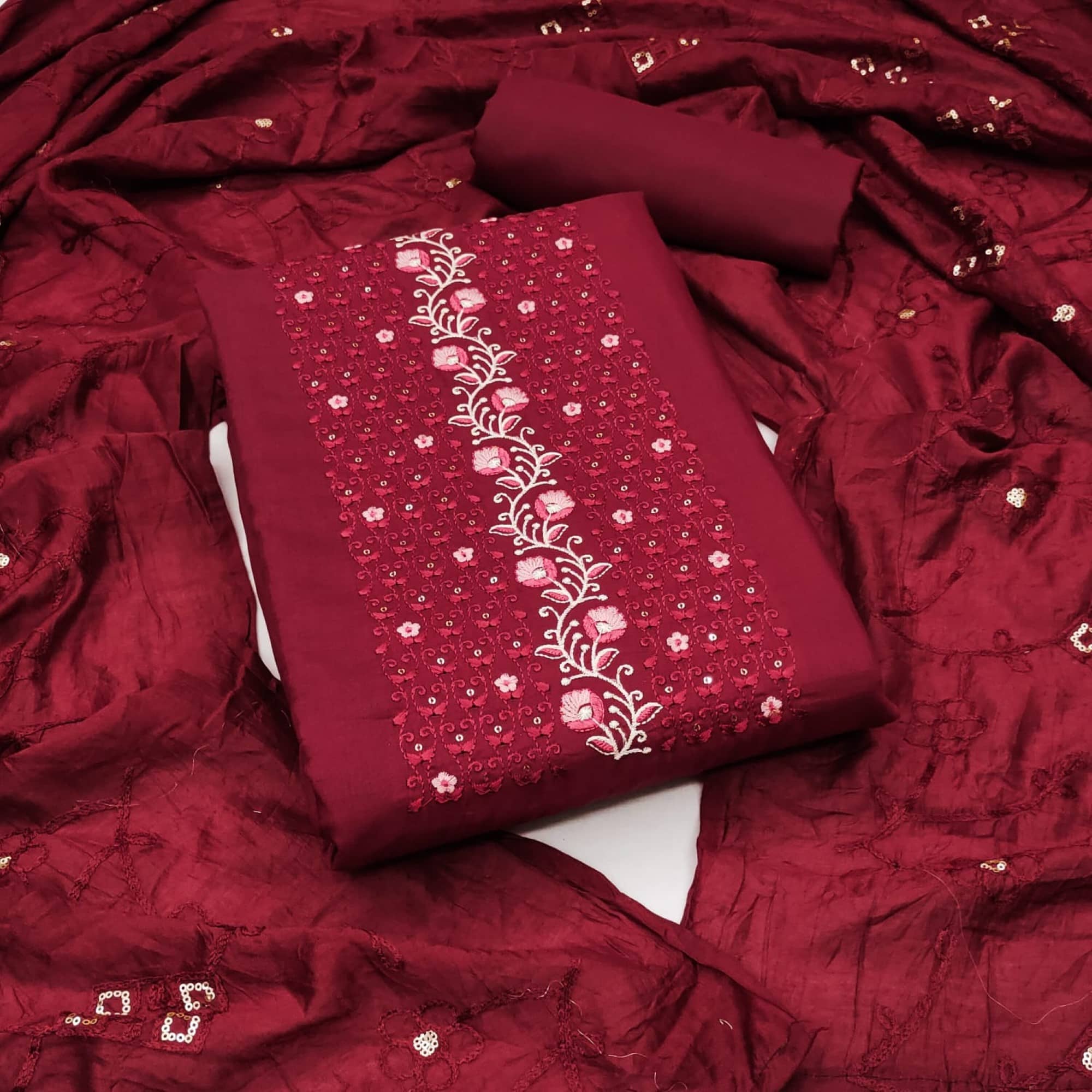 Rangtulika Ethnics Unstitched Silk Blend Embroidered Dress Material - Red ( Pack of 1 ) - Unstitched Fabrics | Buy online on ZillyBuy