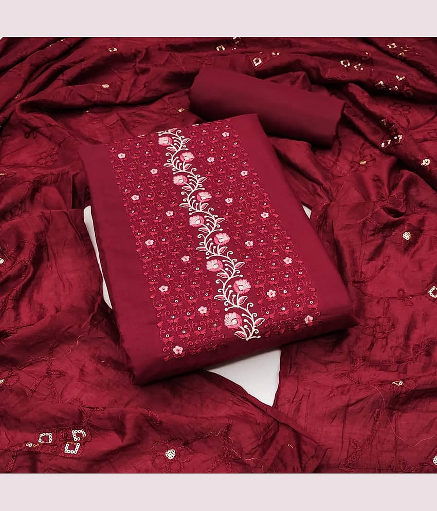 Rangtulika Ethnics Unstitched Silk Blend Embroidered Dress Material - Red ( Pack of 1 ) - Unstitched Fabrics | Buy online on ZillyBuy