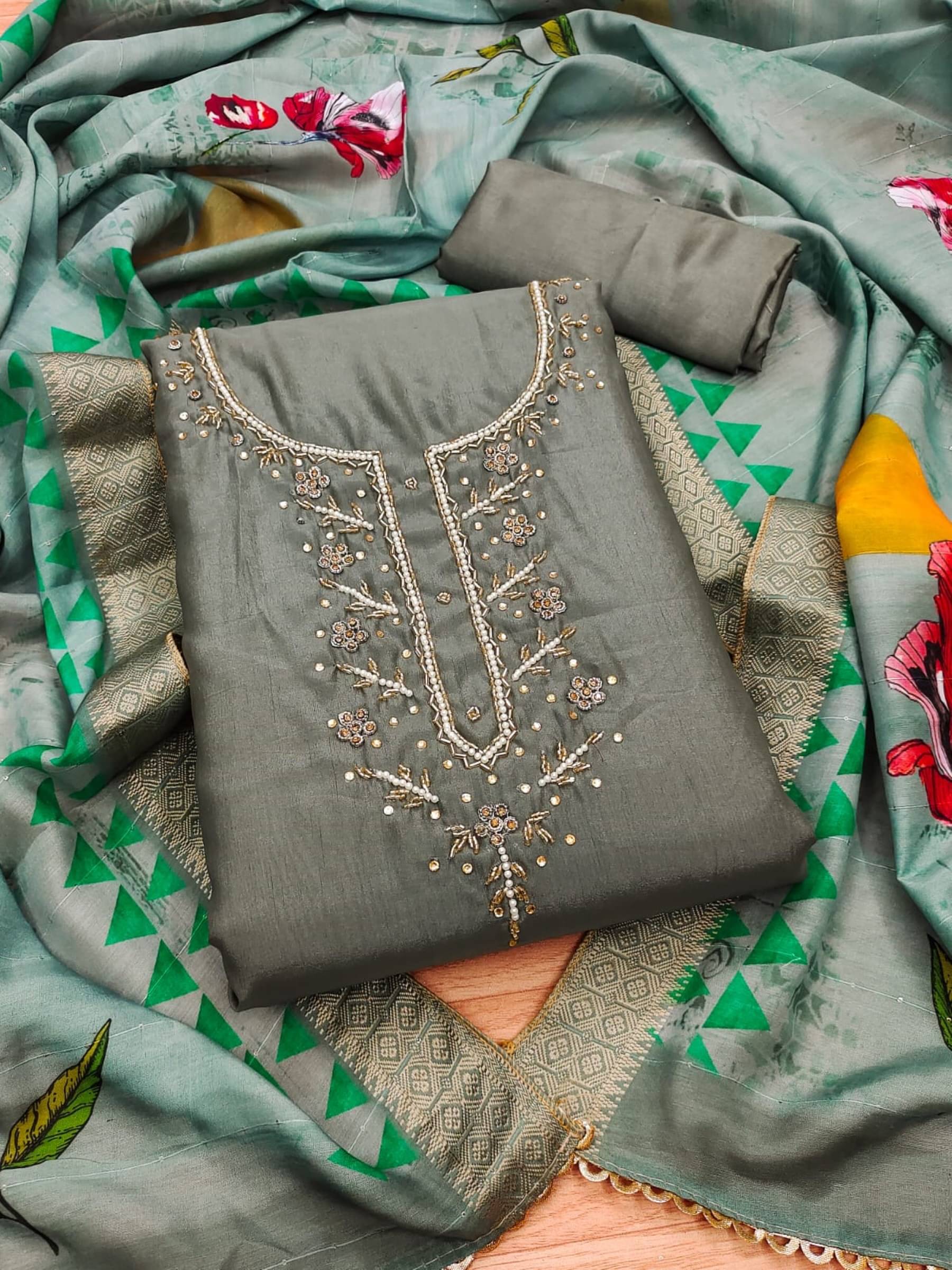 Rangtulika Ethnics Unstitched Silk Embroidered Dress Material - Green ( Pack of 1 )     			Rangtulika Ethnics Unstitched Silk Embroidered Dress Material - Green ( Pack of 1 )