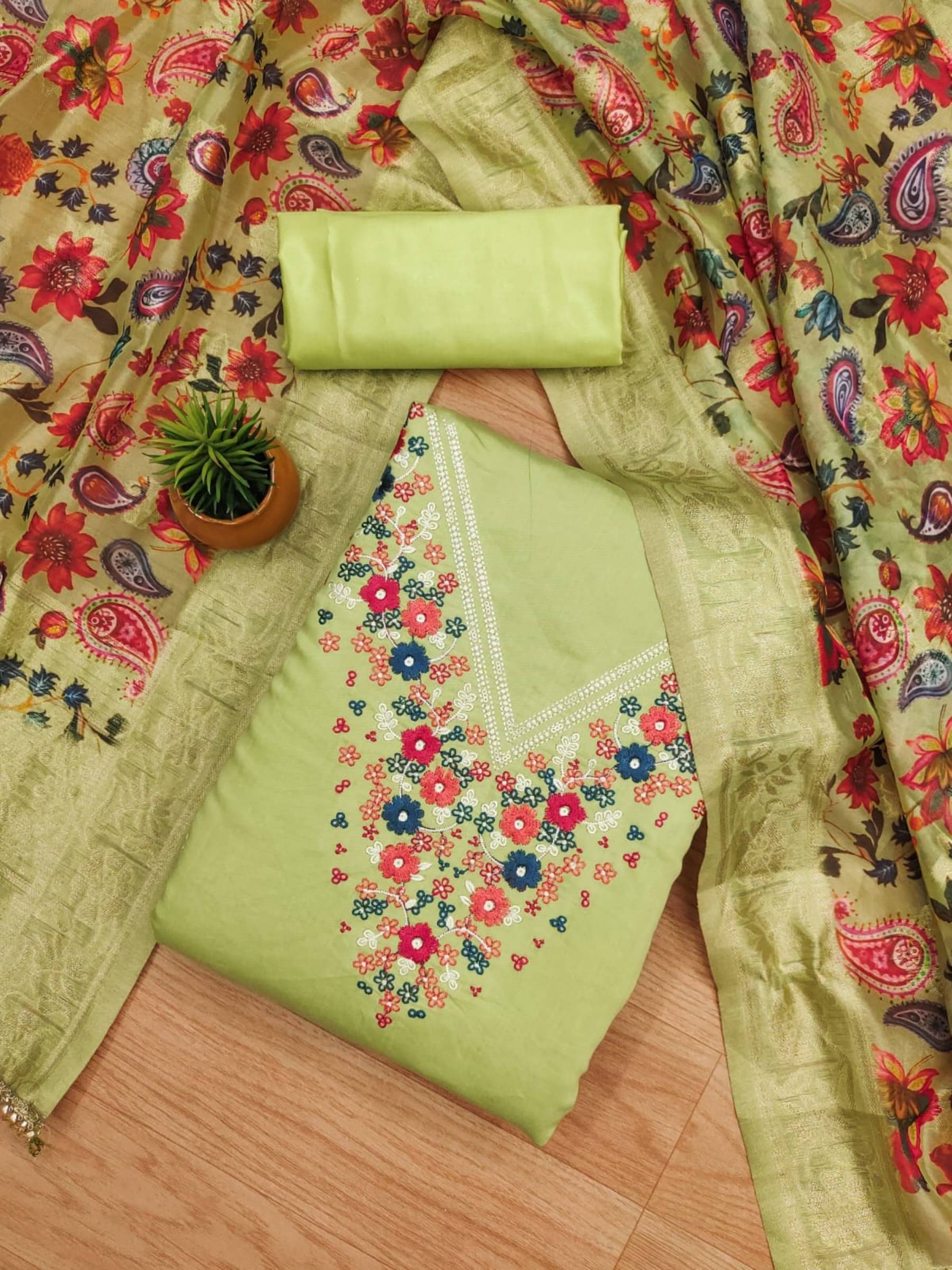 Rangtulika Ethnics Unstitched Silk Embroidered Dress Material - Green ( Pack of 1 )     			Rangtulika Ethnics Unstitched Silk Embroidered Dress Material - Green ( Pack of 1 )
