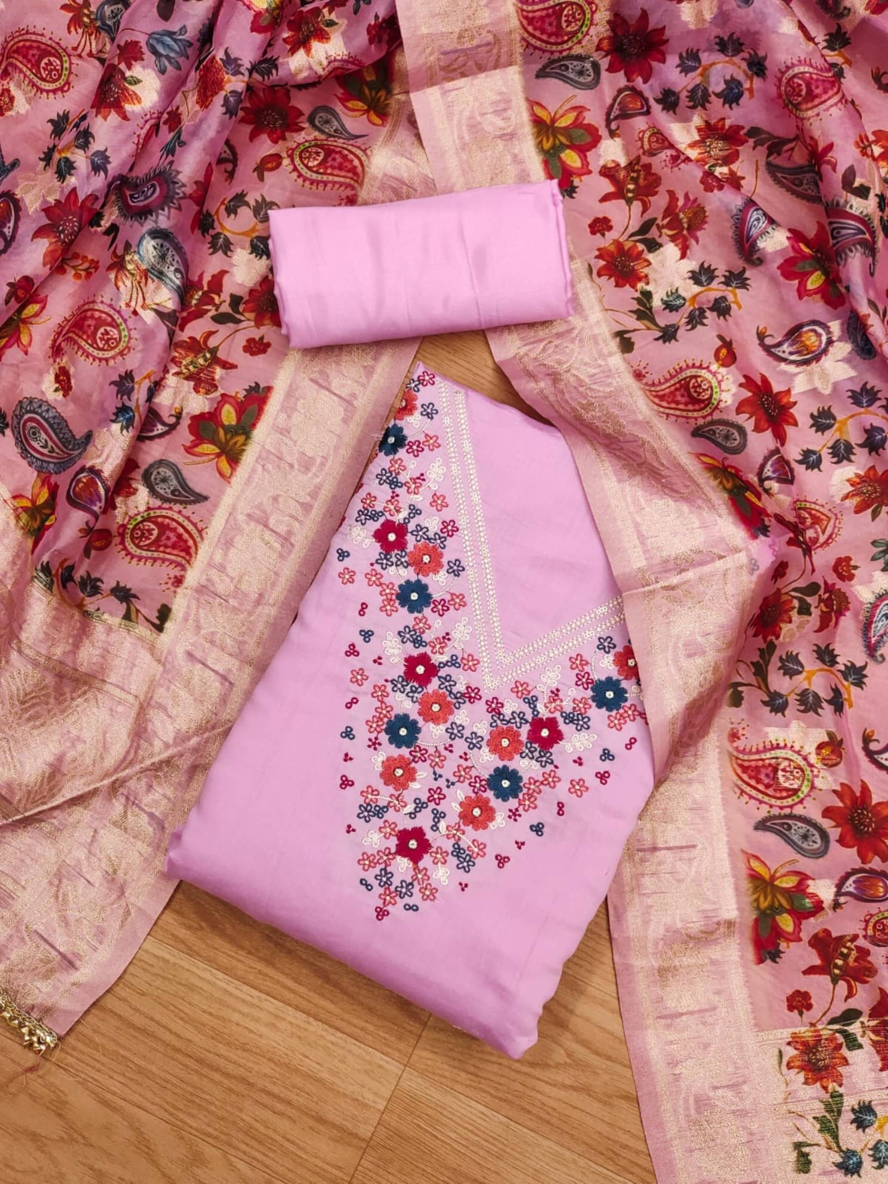 Rangtulika Ethnics Unstitched Silk Embroidered Dress Material - Pink ( Pack of 1 )     			Rangtulika Ethnics Unstitched Silk Embroidered Dress Material - Pink ( Pack of 1 )