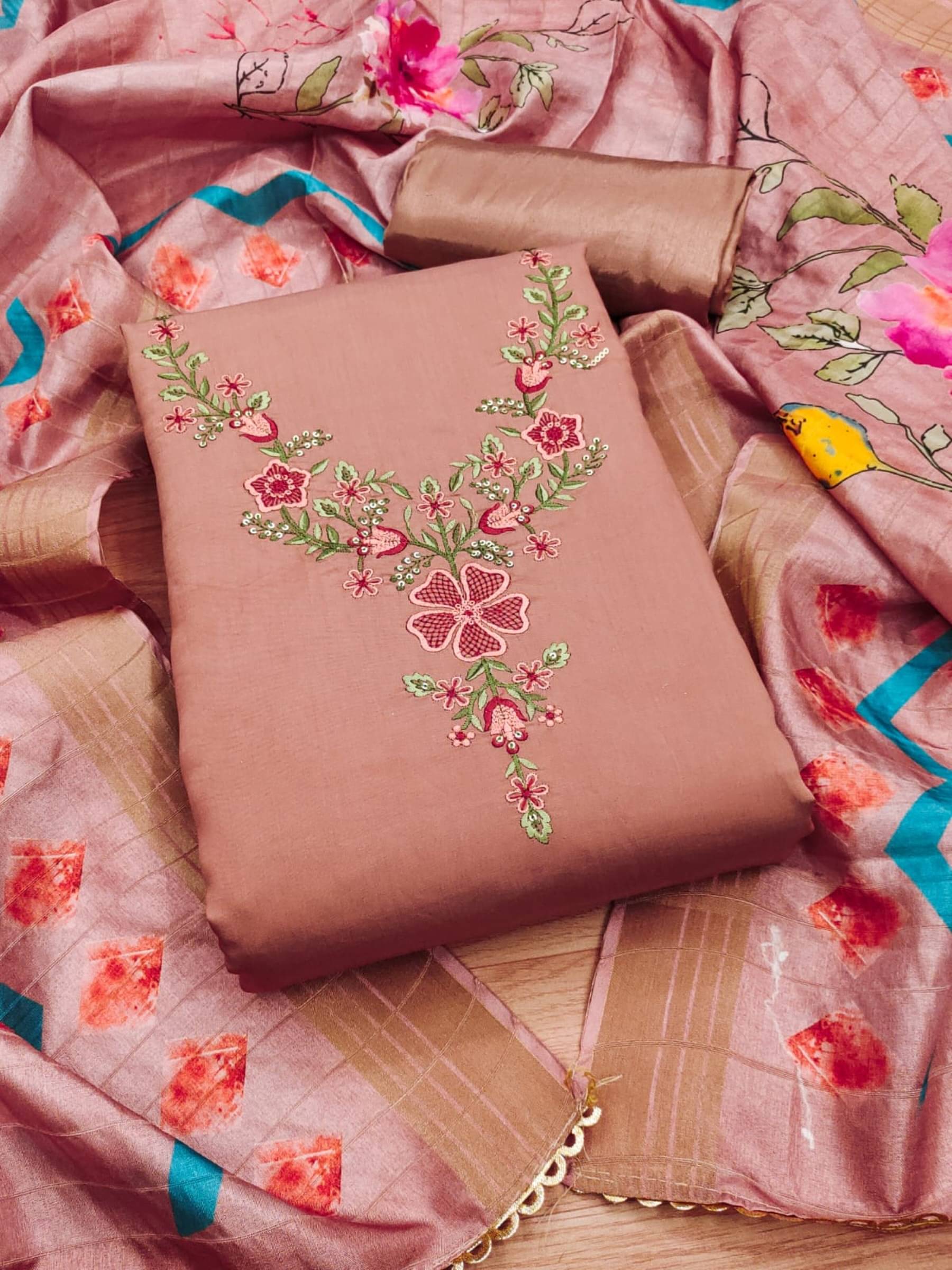 Rangtulika Ethnics Unstitched Silk Embroidered Dress Material - Peach ( Pack of 1 ) Rangtulika Ethnics Unstitched Silk Embroidered Dress Material - Peach ( Pack of 1 )