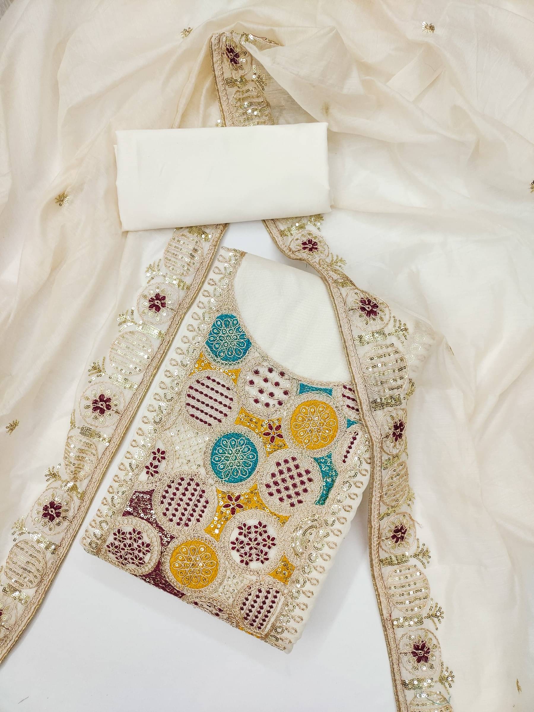 Rangtulika Ethnics White Silk A-line Unstitched Dress Material Rangtulika Ethnics White Silk A-line Unstitched Dress Material