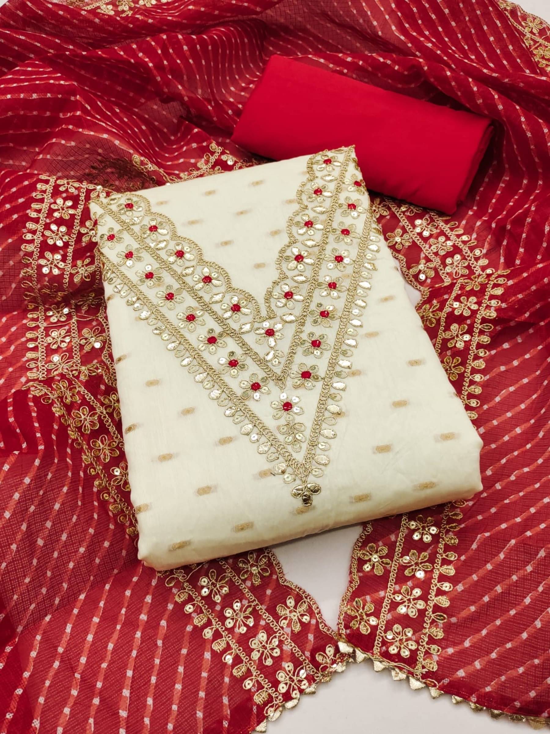     			Rangtulika Ethnics White Silk A-line Unstitched Dress Material