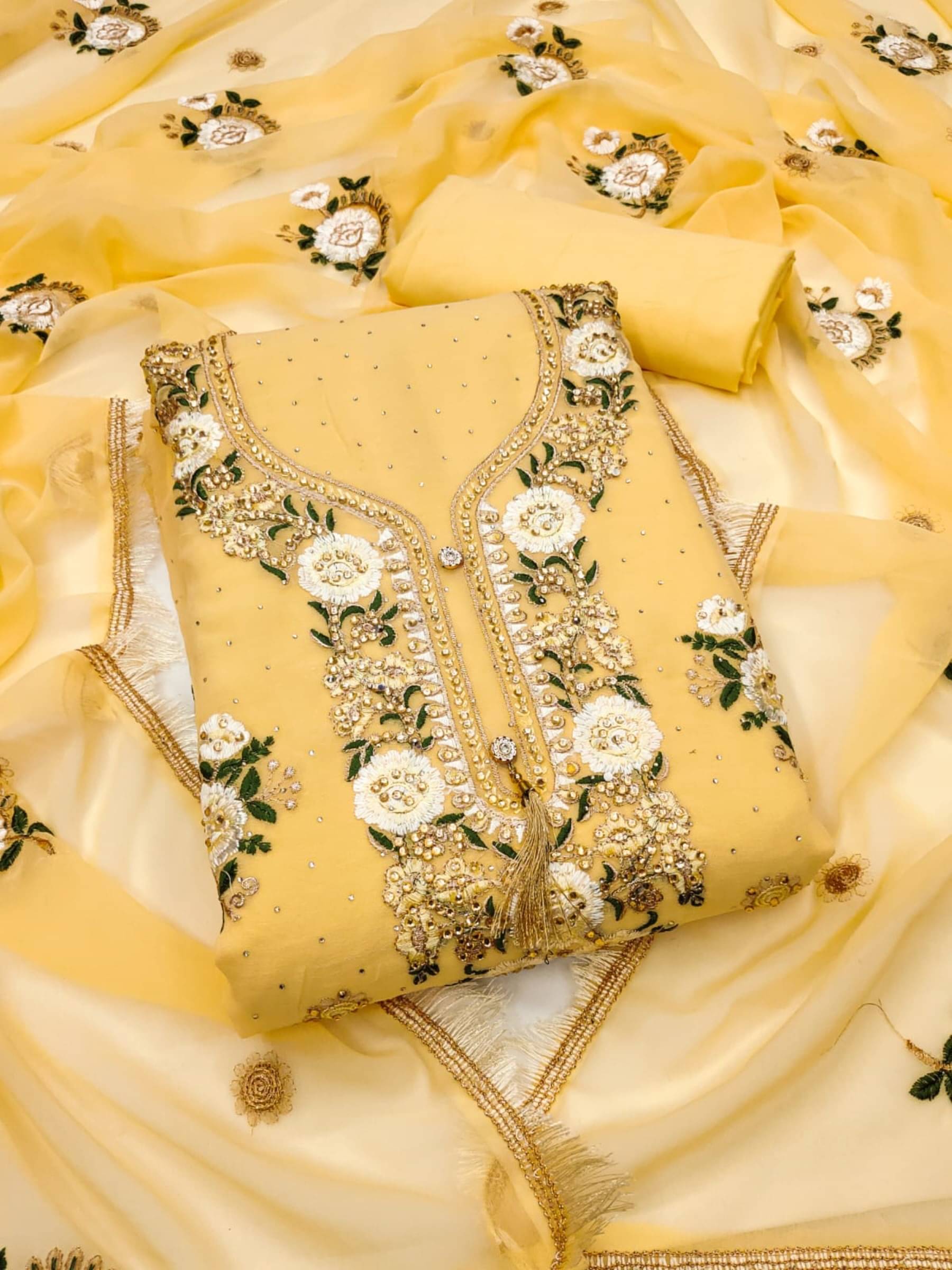     			Rangtulika Ethnics Yellow Georgette A-line Unstitched Dress Material