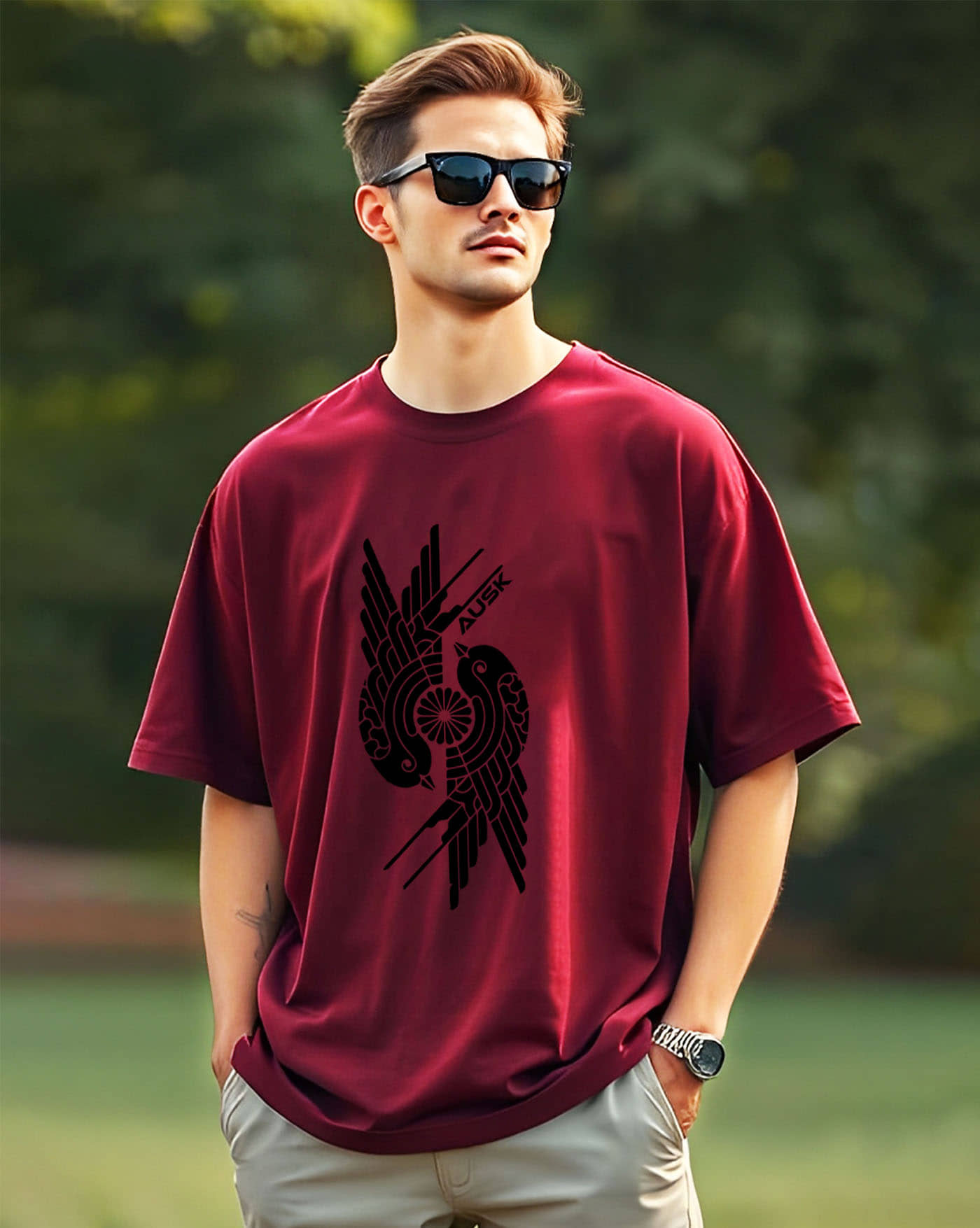 AUSK Cotton Oversized Fit Printed Half Sleeves Men's Round T-Shirt - Maroon ( Pack of 1 )