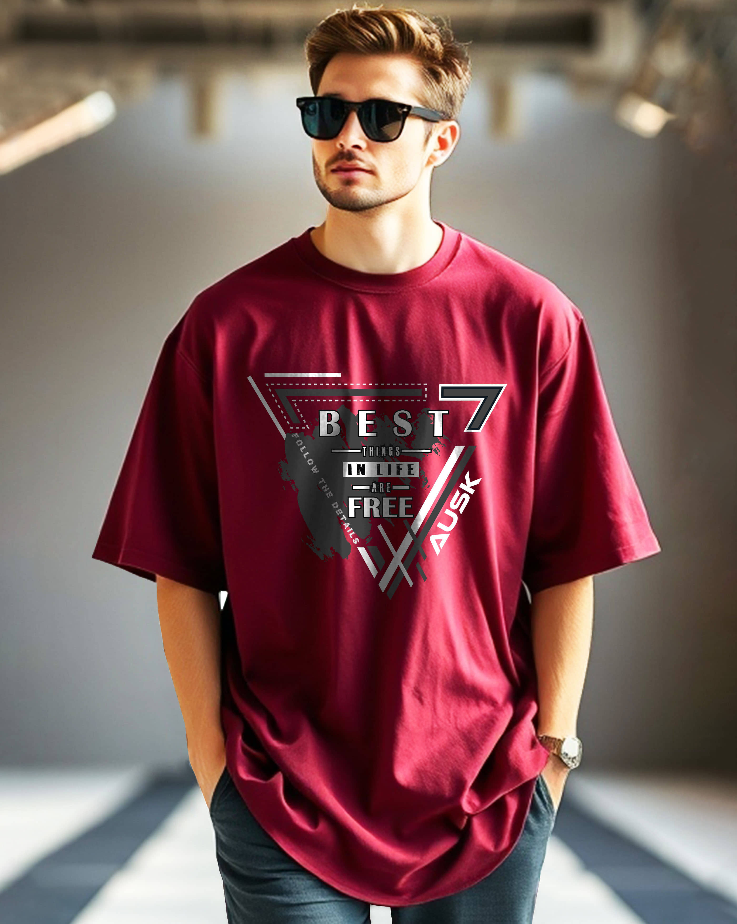 AUSK Cotton Oversized Fit Printed Half Sleeves Men's Round T-Shirt - Maroon ( Pack of 1 )