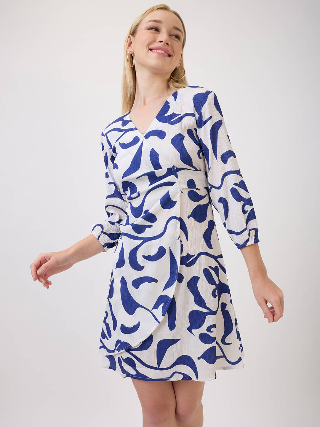    			Amarasha Women Polyester Printed Wrap Dress ( Blue )
