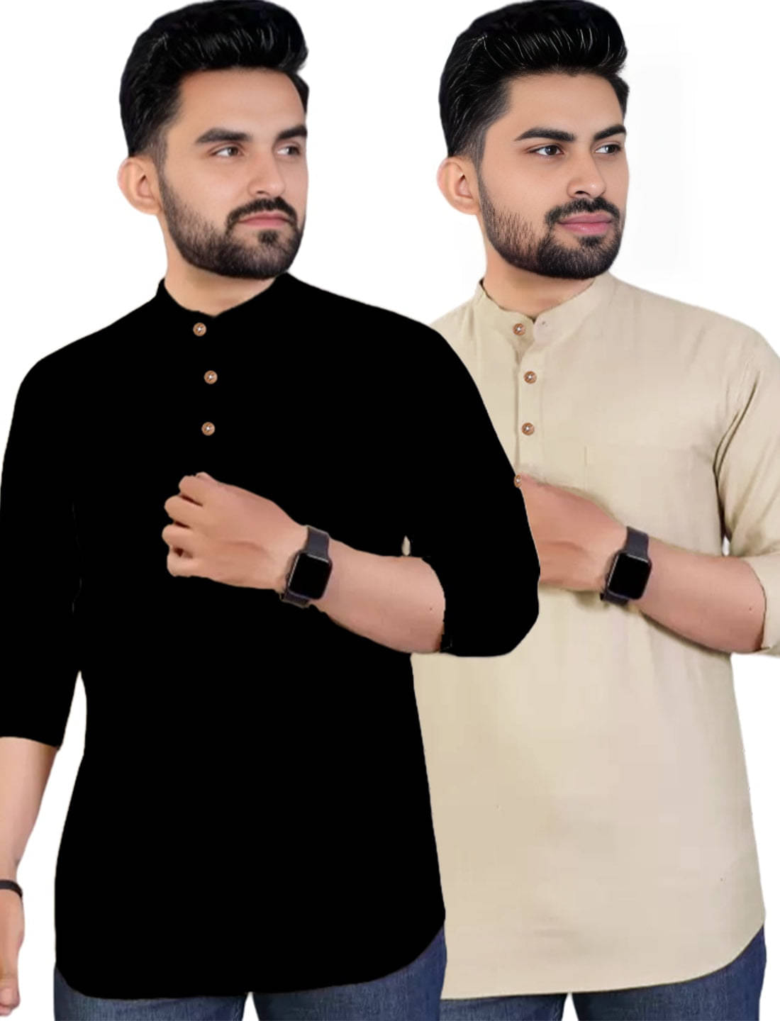 BHUVIKOO Beige Cotton Blend Men's Regular Kurta ( Pack of 2 ) BHUVIKOO Beige Cotton Blend Men's Regular Kurta ( Pack of 2 )