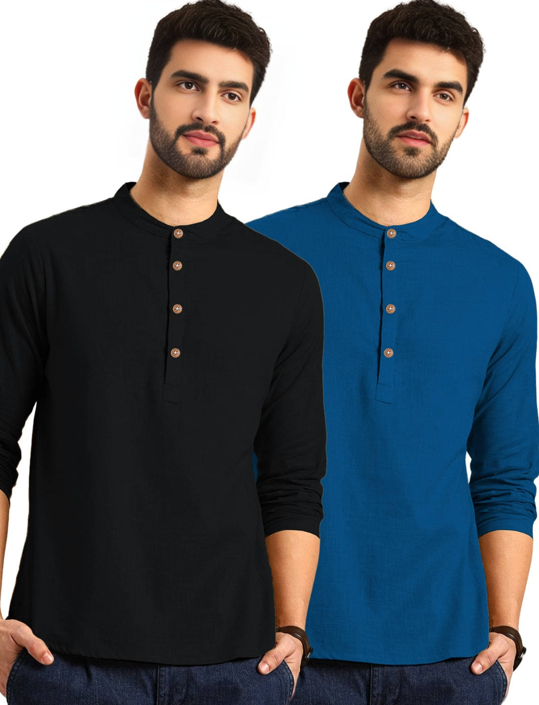     			BHUVIKOO Turquoise Cotton Blend Men's Regular Kurta ( Pack of 2 )