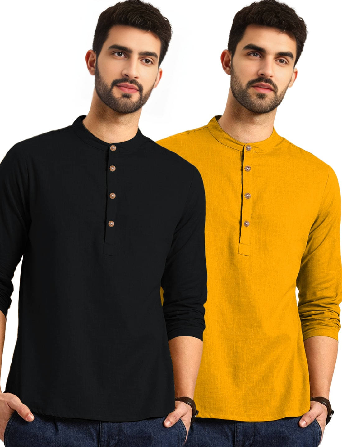     			BHUVIKOO Yellow Cotton Blend Men's Regular Kurta ( Pack of 2 )
