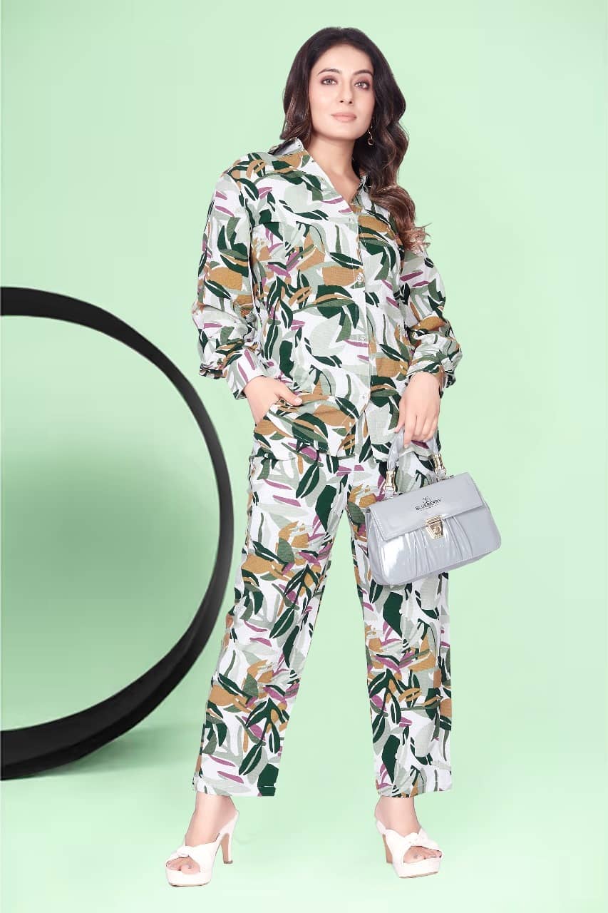 KAHARA Women Printed Shirt With Trousers Co-Ord Set ( Green )