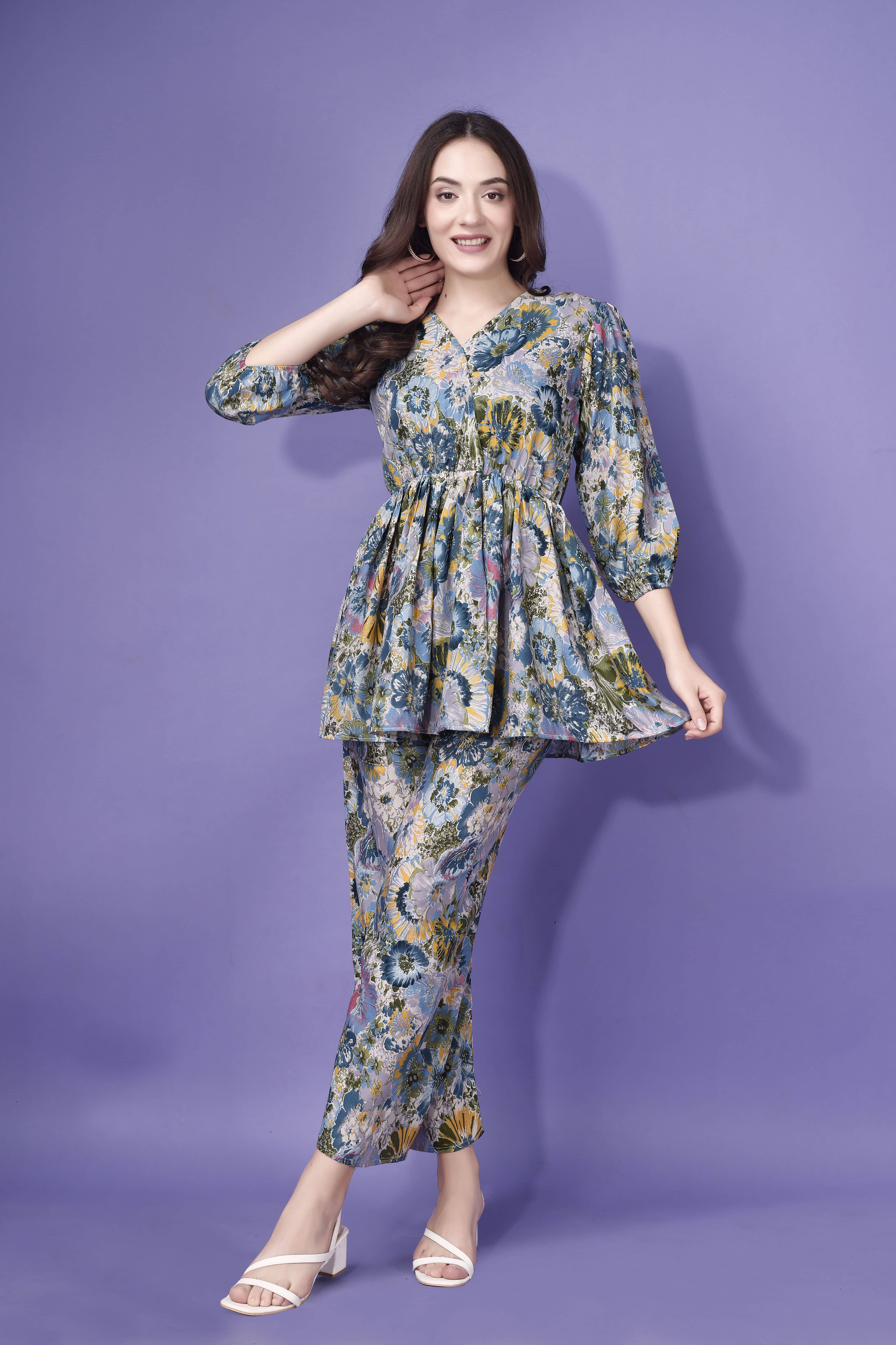 KAHARA Women Printed Top With Palazzos Co-Ord Set ( Blue )