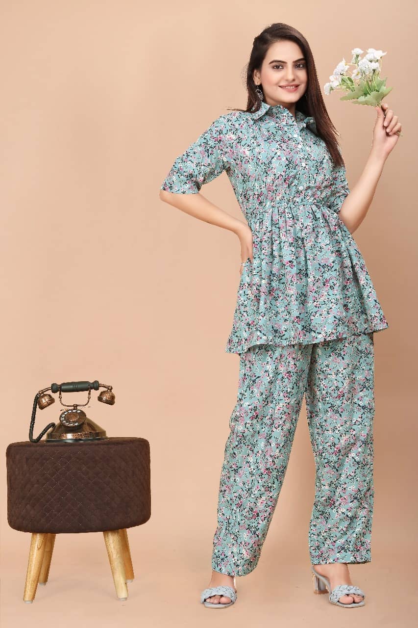 KAHARA Women Printed Top With Palazzos Co-Ord Set ( Light Blue )