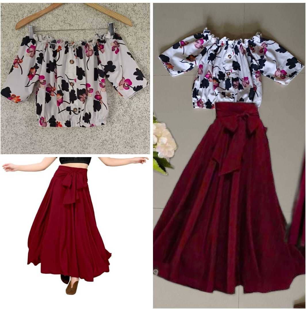 KAHARA Women Printed Top With Skirt Co-Ord Set ( Maroon )
