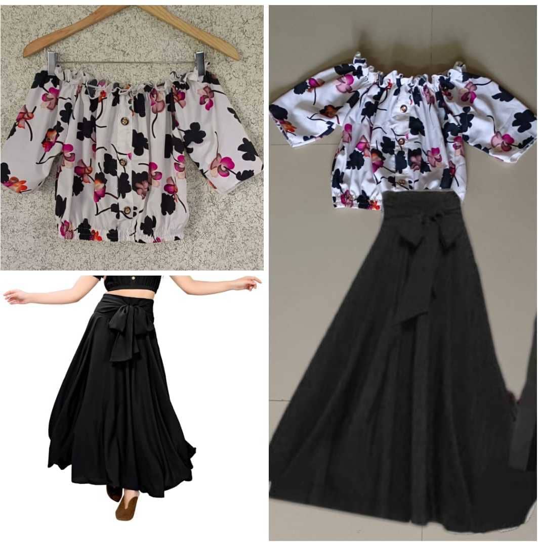 KAHARA Women Printed Top With Skirt Co-Ord Set ( Black )
