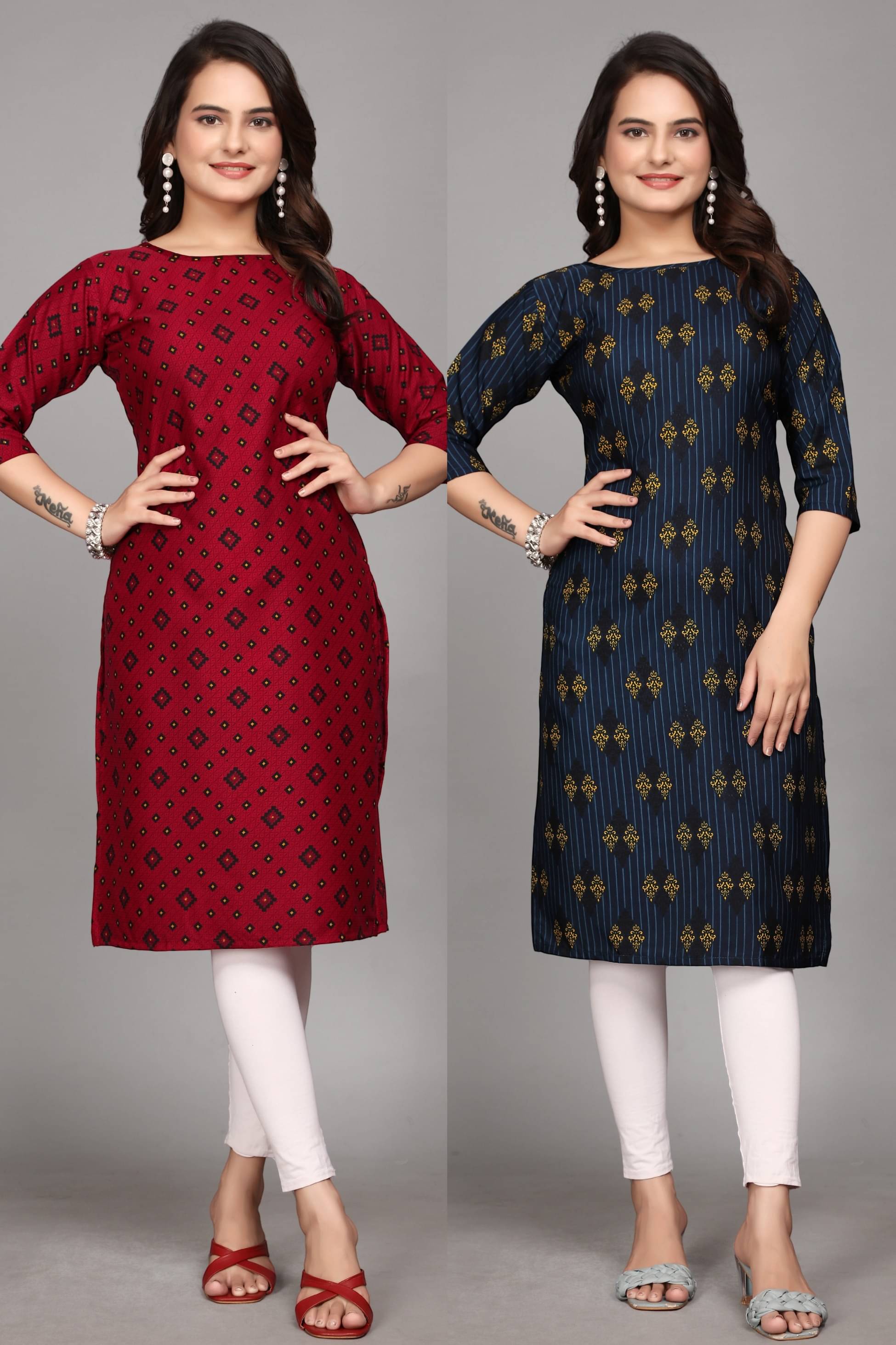 KALAVRITTA Pack of 2 Crepe Printed Straight Women's Kurti - ( Multicoloured )     			KALAVRITTA Pack of 2 Crepe Printed Straight Women's Kurti - ( Multicoloured )