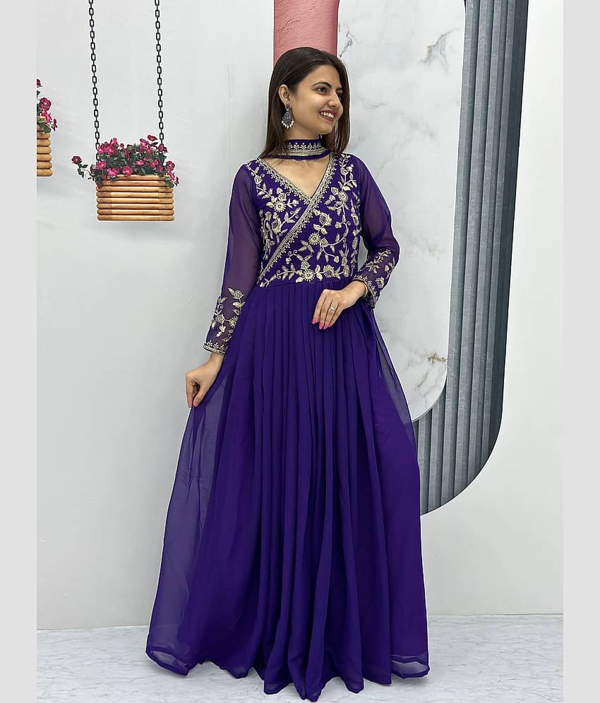 Mahek Fashion Purple Flared Georgette Women's Stitched Ethnic Gown ( Pack of 1 ) - Unstitched Fabrics | Buy online on ZillyBuy