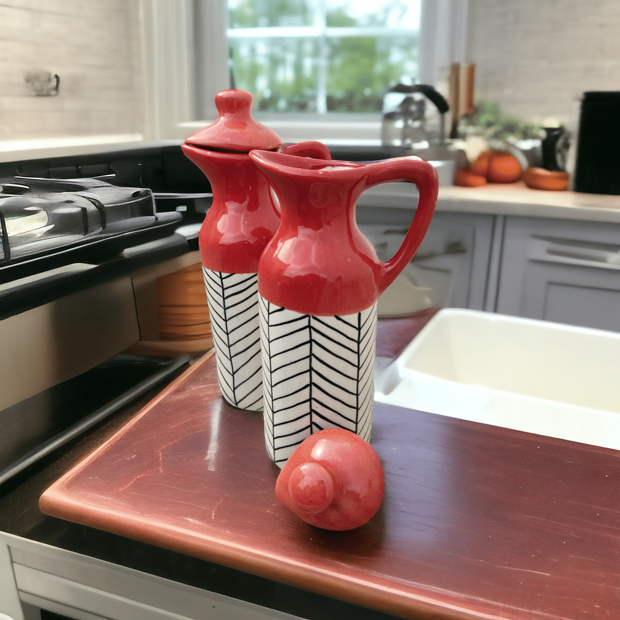     			Malaikah Red Oil Dispenser Ceramic Rust Oil Container ( Set of 2 )