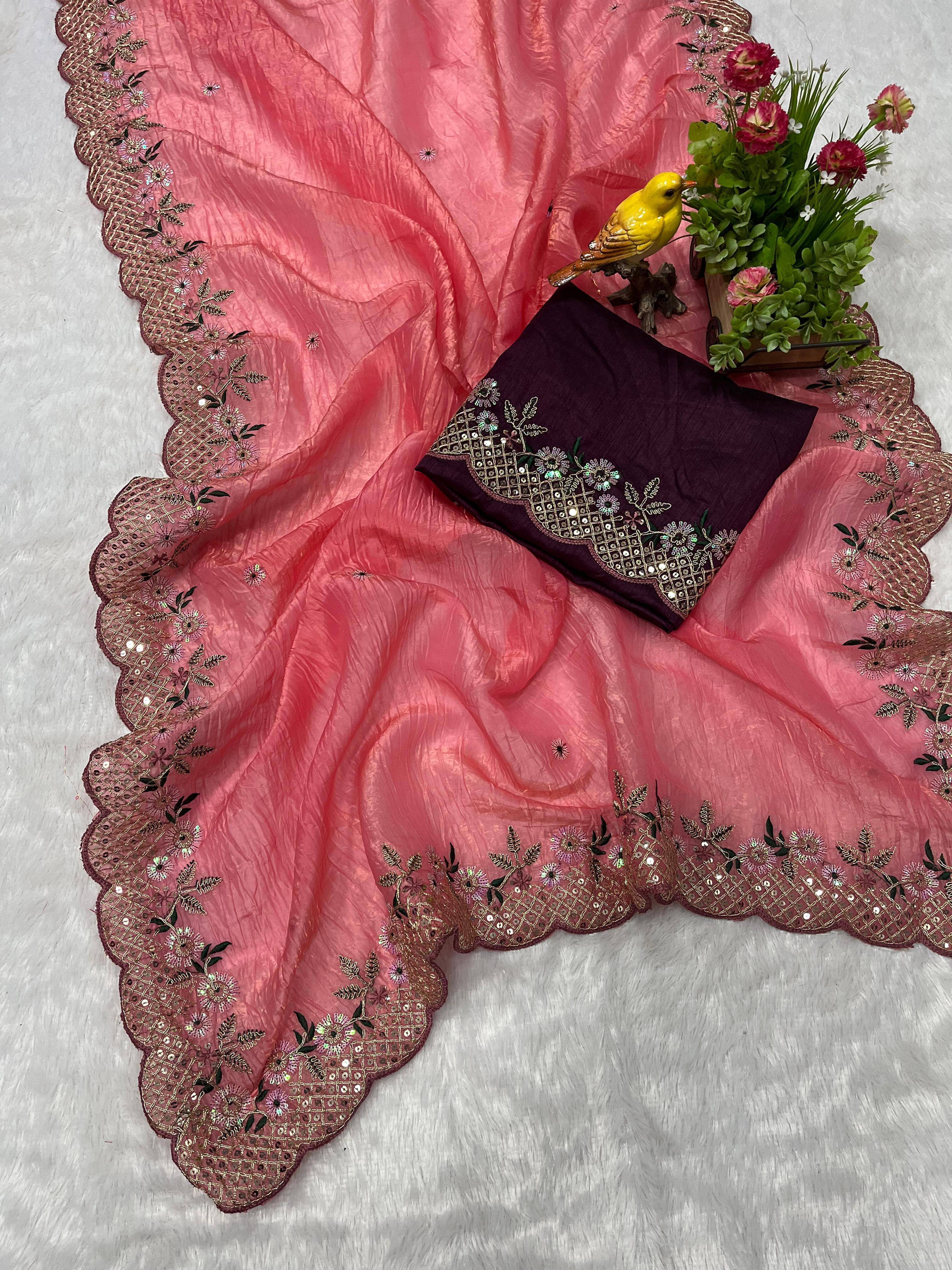     			Nayanthara Trends Polyester Embellished Saree With Unstitched Blouse Piece ( Peach )