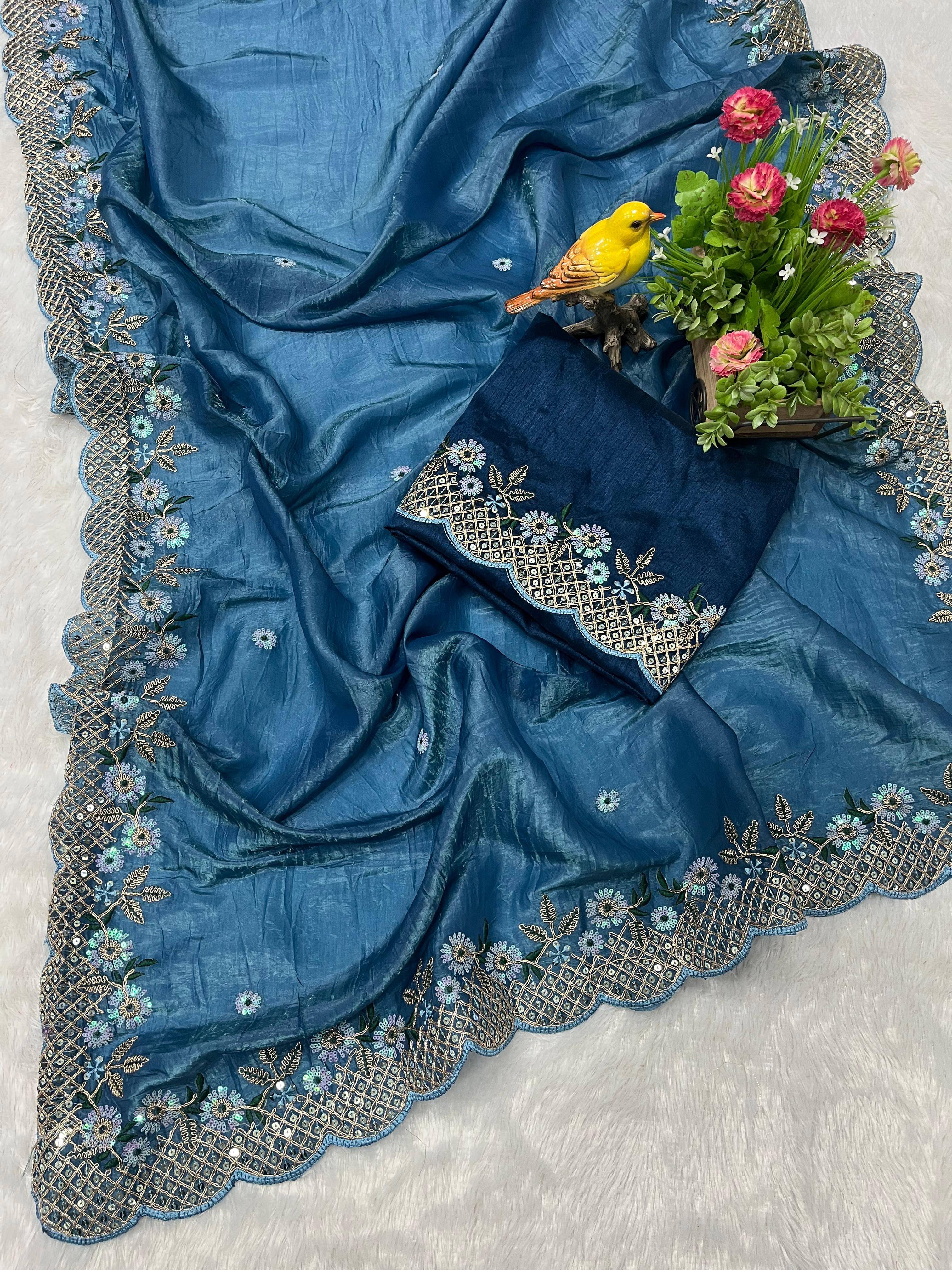     			Nayanthara Trends Polyester Embellished Saree With Unstitched Blouse Piece ( Blue )