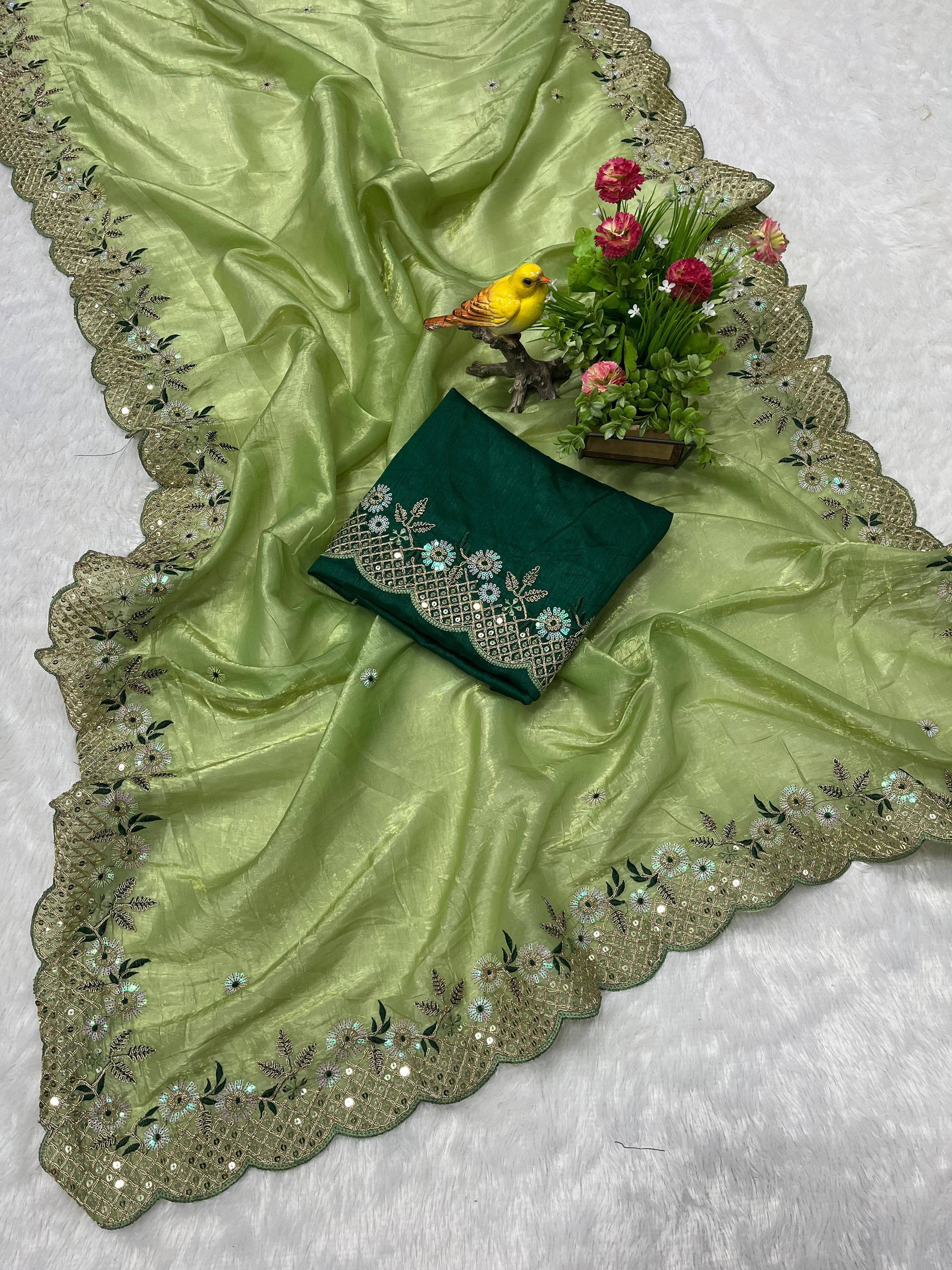Nayanthara Trends Polyester Embellished Saree With Unstitched Blouse Piece ( Green ) - Sarees | Buy online on ZillyBuy