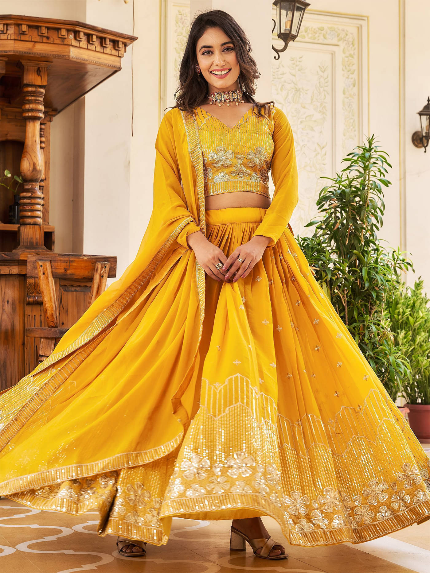 Trijal Fab Yellow Georgette Circular Stitched Lehenga Single Trijal Fab Yellow Georgette Circular Stitched Lehenga Single