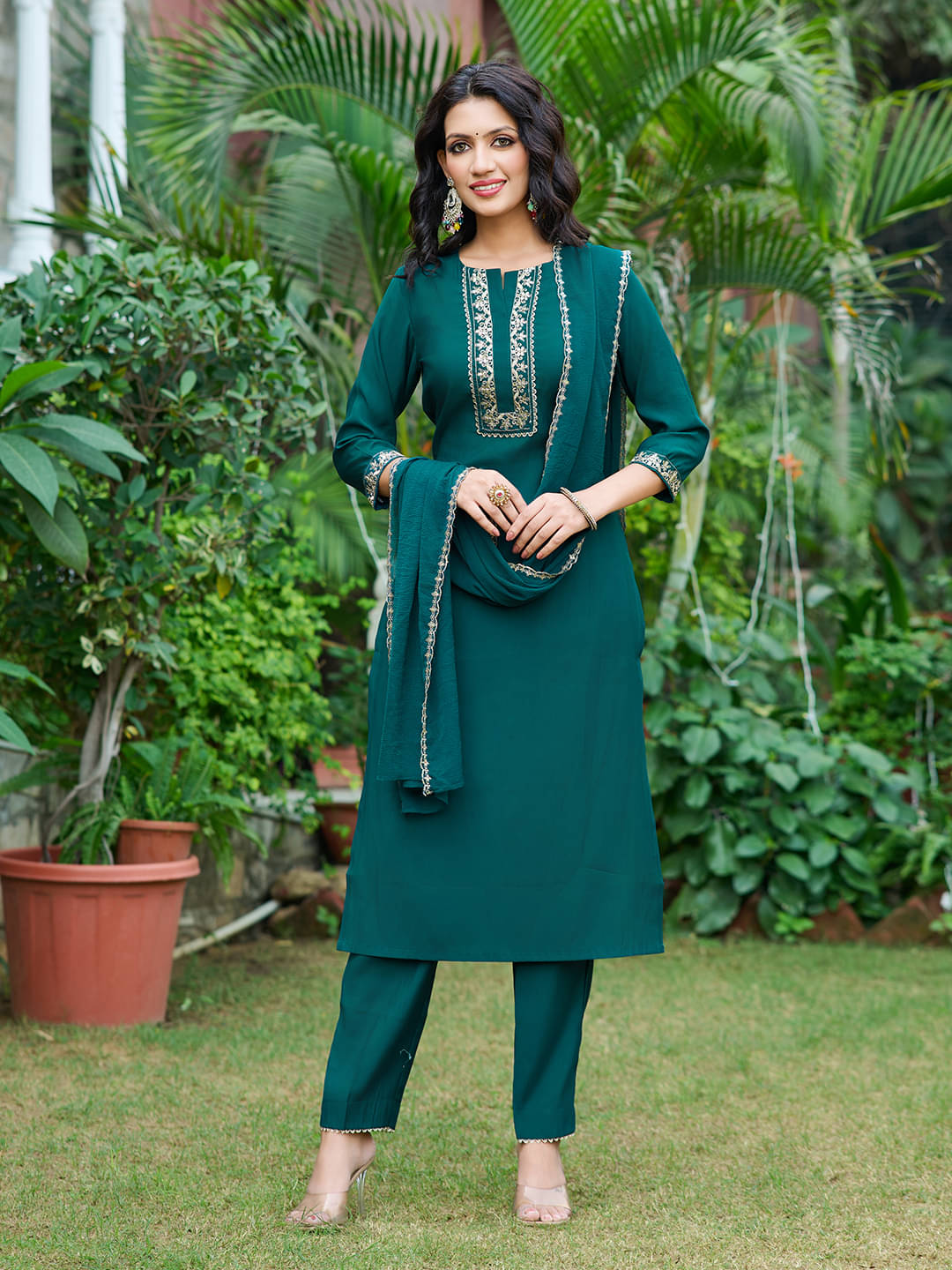 VIBE VISION Silk Blend Embellished Kurti With Pants Women's Stitched Salwar Suit - Teal ( Pack of 1 ) VIBE VISION Silk Blend Embellished Kurti With Pants Women's Stitched Salwar Suit - Teal ( Pack of 1 )