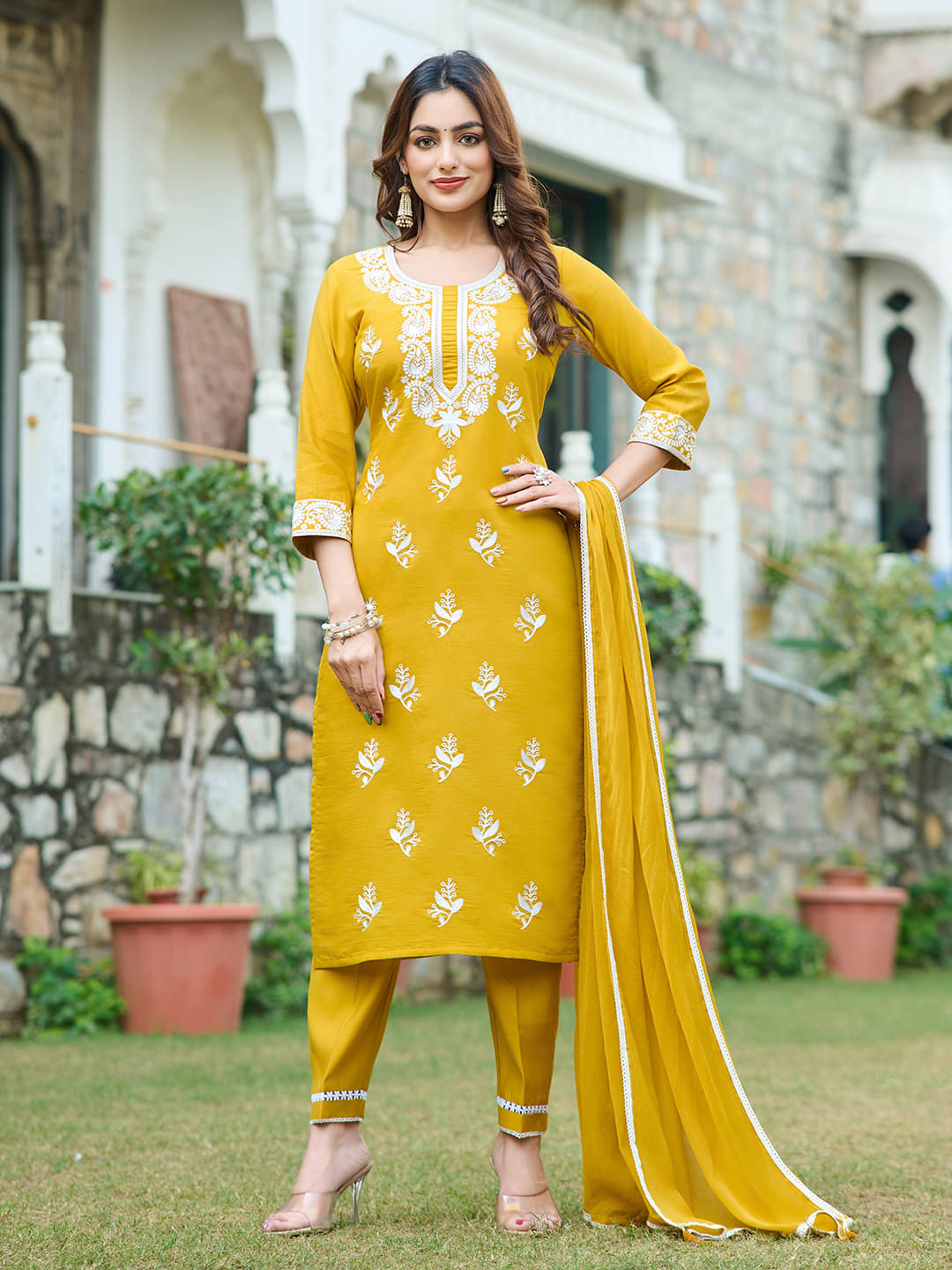     			VIBE VISION Silk Blend Embroidered Kurti With Pants Women's Stitched Salwar Suit - Mustard ( Pack of 1 )