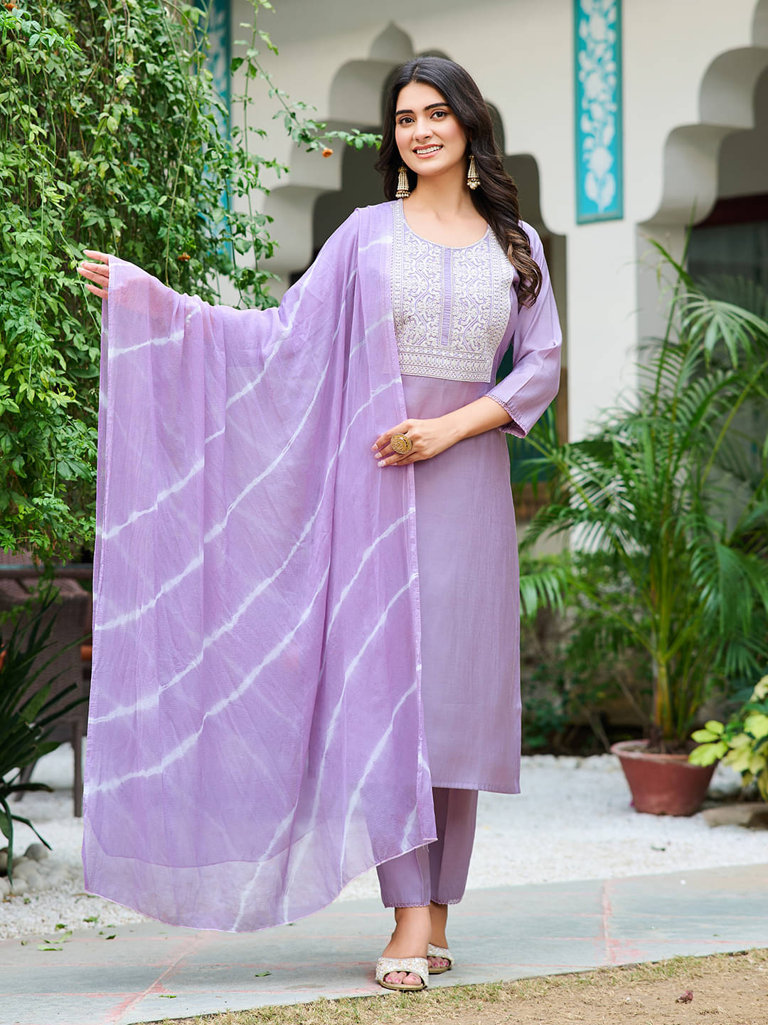 VIBE VISION Silk Blend Embroidered Kurti With Pants Women's Stitched Salwar Suit - Purple ( Pack of 1 )     			VIBE VISION Silk Blend Embroidered Kurti With Pants Women's Stitched Salwar Suit - Purple ( Pack of 1 )