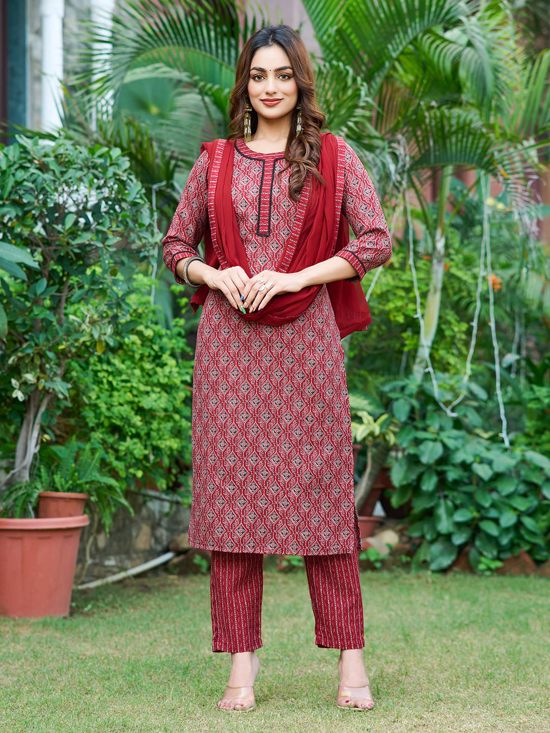 VIBE VISION Silk Blend Printed Kurti With Pants Women's Stitched Salwar Suit - Maroon ( Pack of 1 ) VIBE VISION Silk Blend Printed Kurti With Pants Women's Stitched Salwar Suit - Maroon ( Pack of 1 )