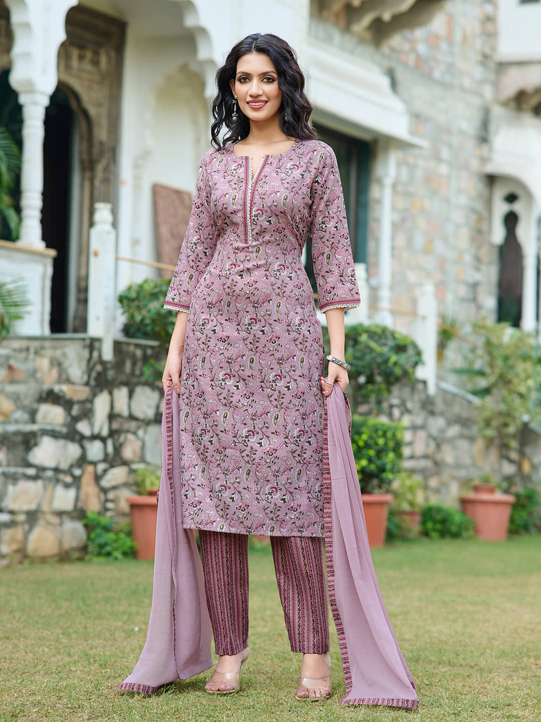 VIBE VISION Silk Blend Printed Kurti With Pants Women's Stitched Salwar Suit - Lavender ( Pack of 1 )