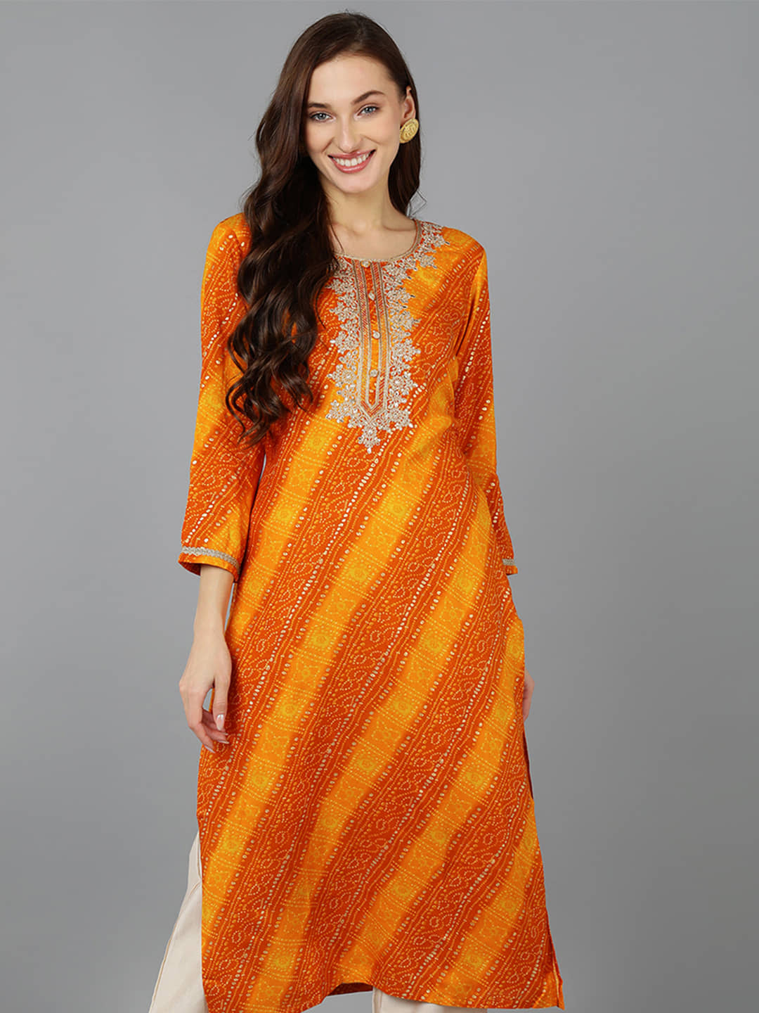 Vaamsi Pack of 1 Cotton Blend Embellished Straight Women's Kurti - ( Orange ) - Kurtis, Tunics | Buy online on ZillyBuy