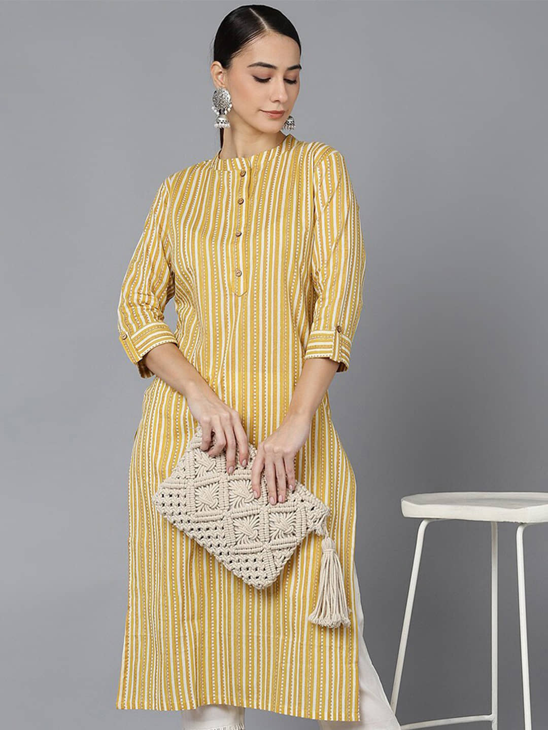 Vaamsi Pack of 1 Cotton Striped Straight Women's Kurti - ( Mustard ) - Kurtis, Tunics | Buy online on ZillyBuy