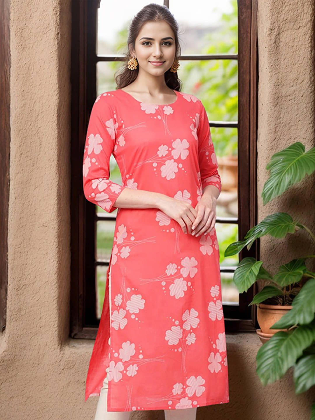     			Vaamsi Pack of 1 Cotton Printed Straight Women's Kurti - ( Coral )