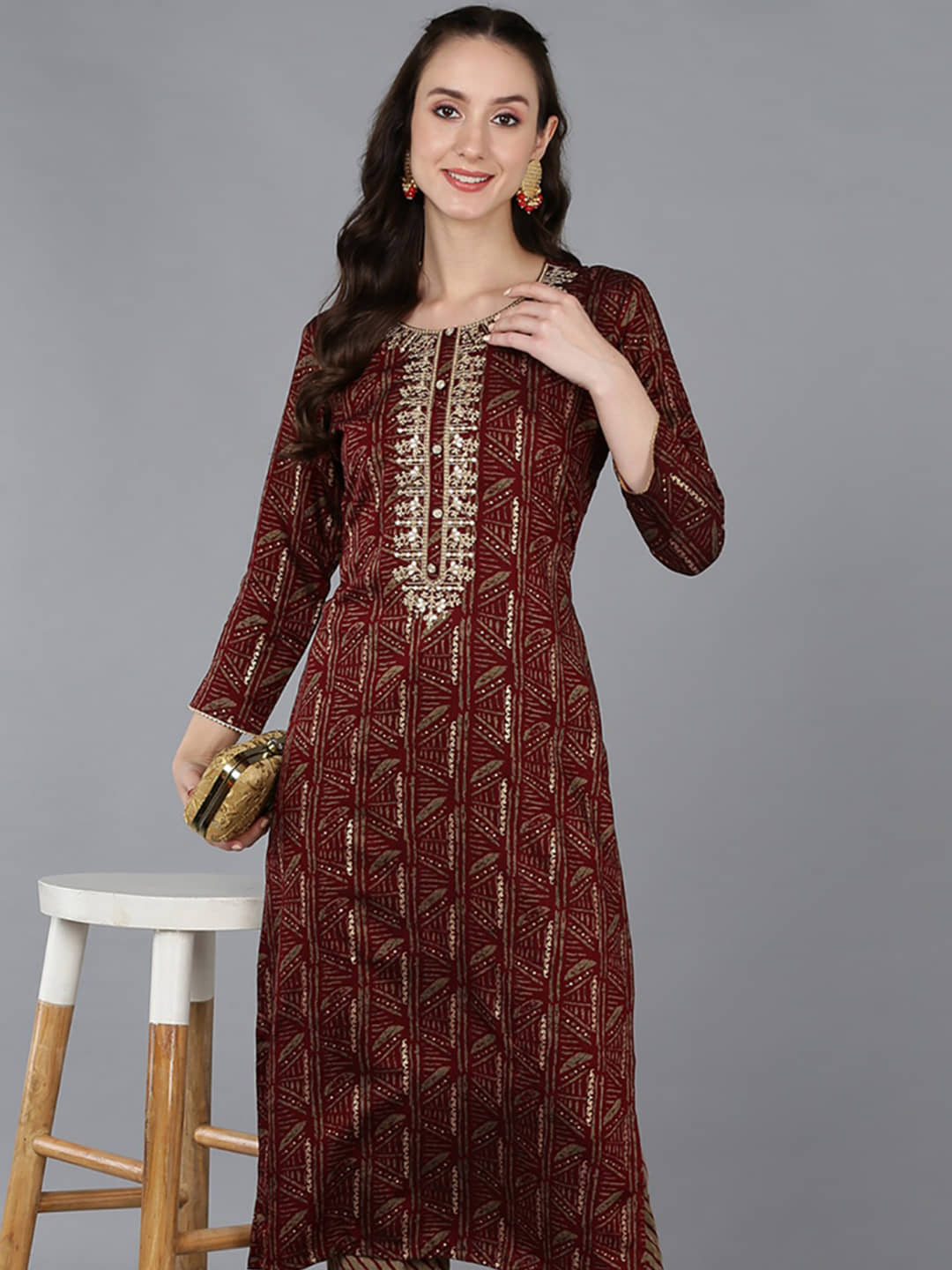 Vaamsi Pack of 1 Silk Blend Printed Straight Women's Kurti - ( Maroon ) - Kurtis, Tunics | Buy online on ZillyBuy