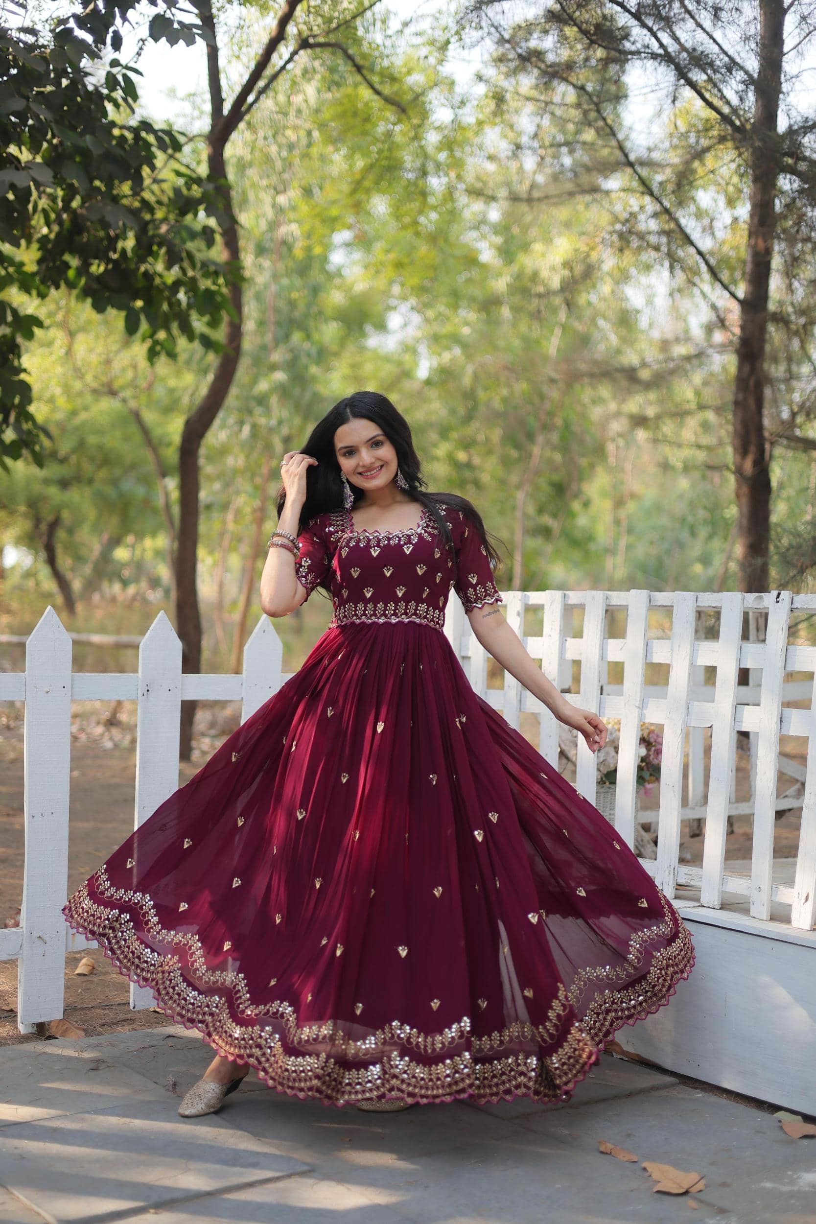 aplix Maroon Anarkali Georgette Women's Stitched Ethnic Gown ( Pack of 1 ) - Unstitched Fabrics | Buy online on ZillyBuy