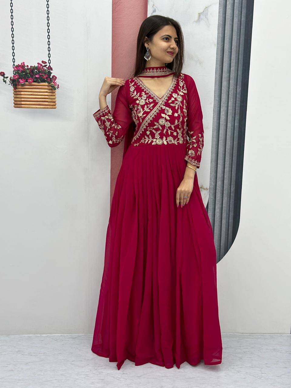     			aplix Maroon Anarkali Georgette Women's Stitched Ethnic Gown ( Pack of 1 )