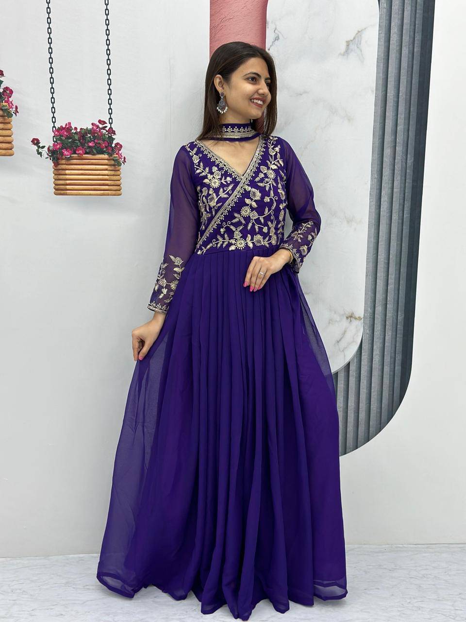 aplix Purple Anarkali Georgette Women's Stitched Ethnic Gown ( Pack of 1 ) aplix Purple Anarkali Georgette Women's Stitched Ethnic Gown ( Pack of 1 )