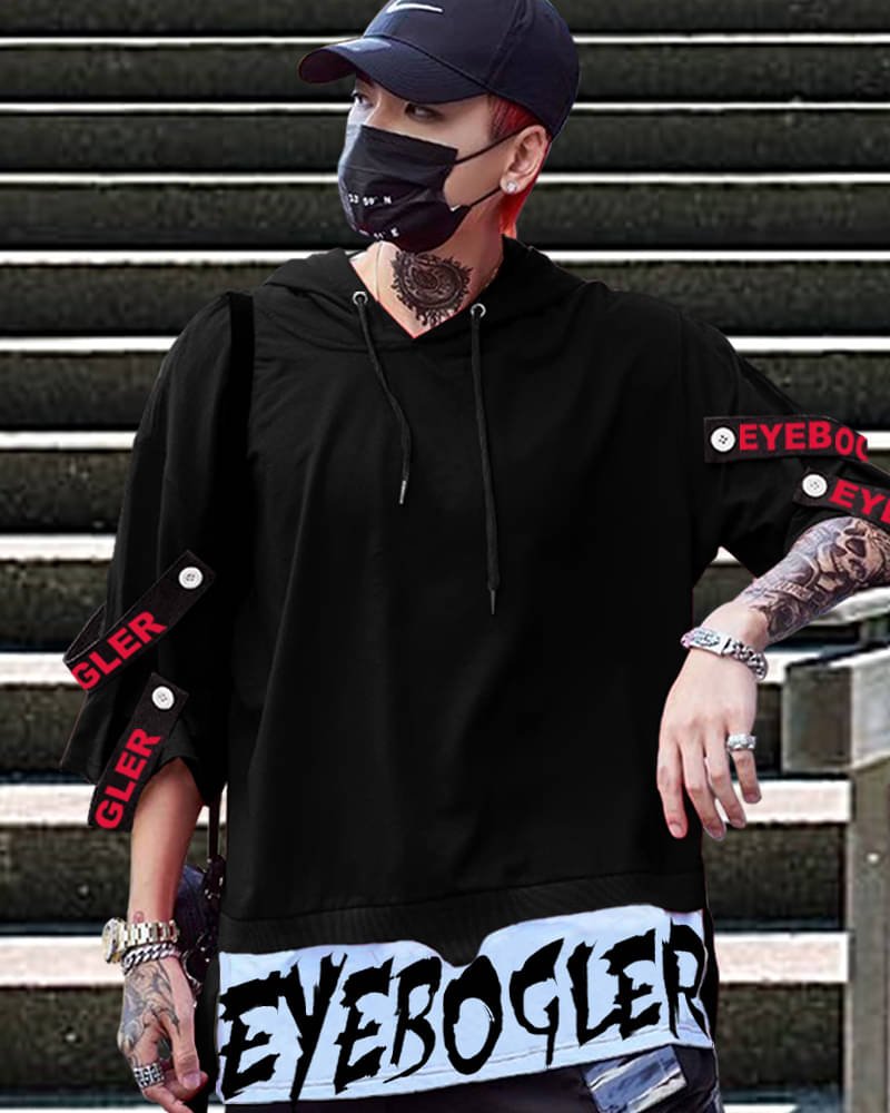 Eyebogler Cotton Blend Oversized Fit Printed 3/4th Sleeves Men's Hooded T-Shirt - Black ( Pack of 1 )     			Eyebogler Cotton Blend Oversized Fit Printed 3/4th Sleeves Men's Hooded T-Shirt - Black ( Pack of 1 )