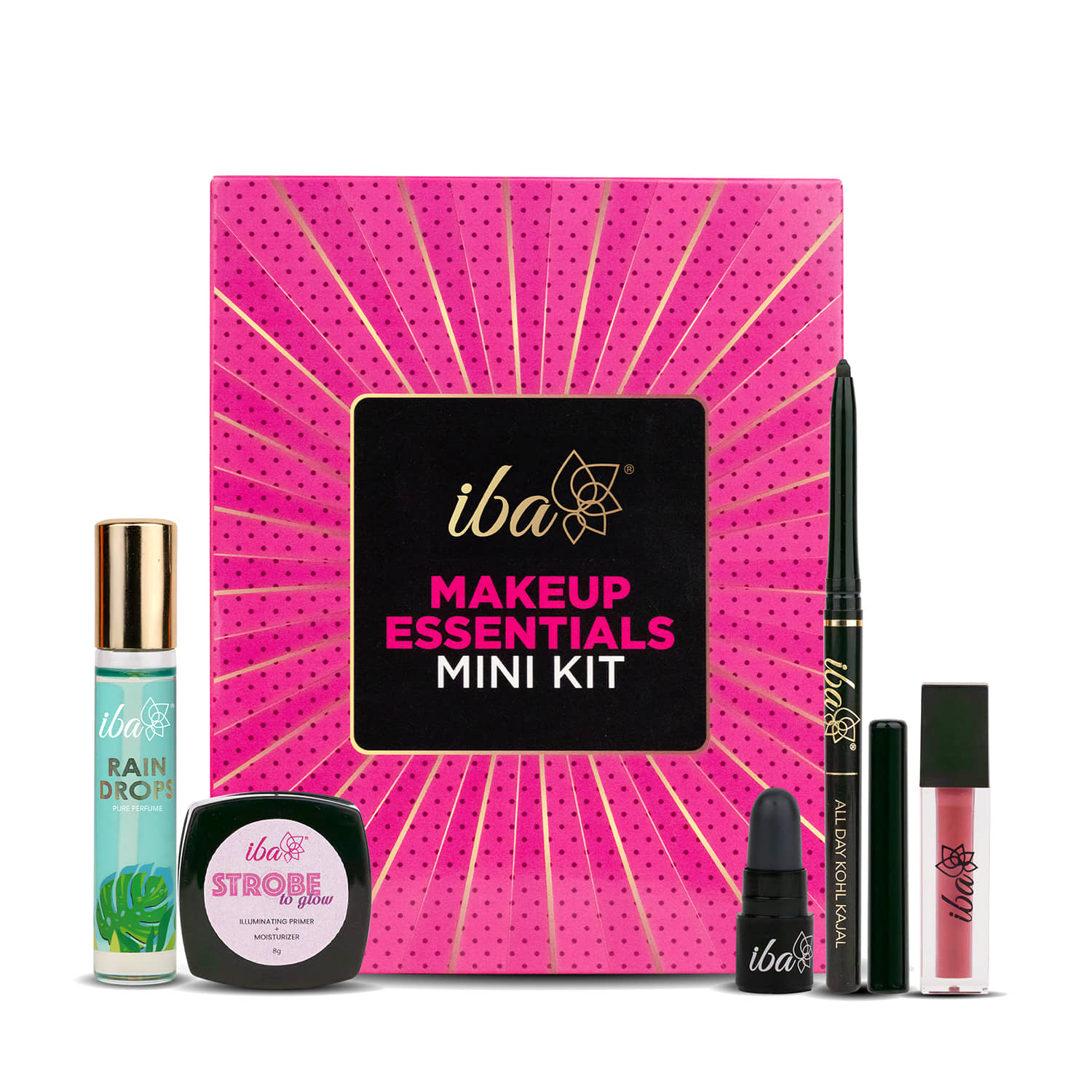 Iba Mini Makeup Essentials Kit (Set of 5) - Perfume, Kajal, Liquid Lipstick, Primer & PH Lipstick
