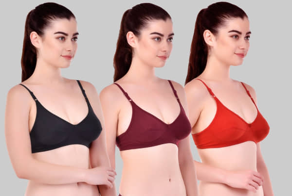 Ishant Pack of 3 Cotton Non Padded Everyday Bra For Women ( Black,Maroon,Red )
