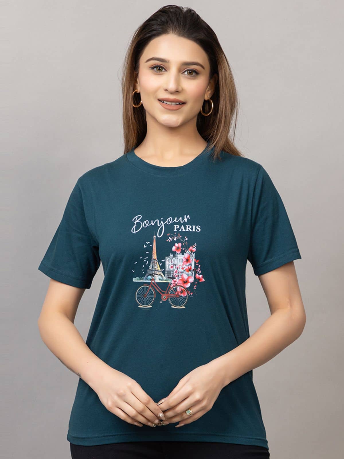 MISDYNAMIC Women Cotton Printed Regular Fit Round Neck T-Shirt ( Olive )