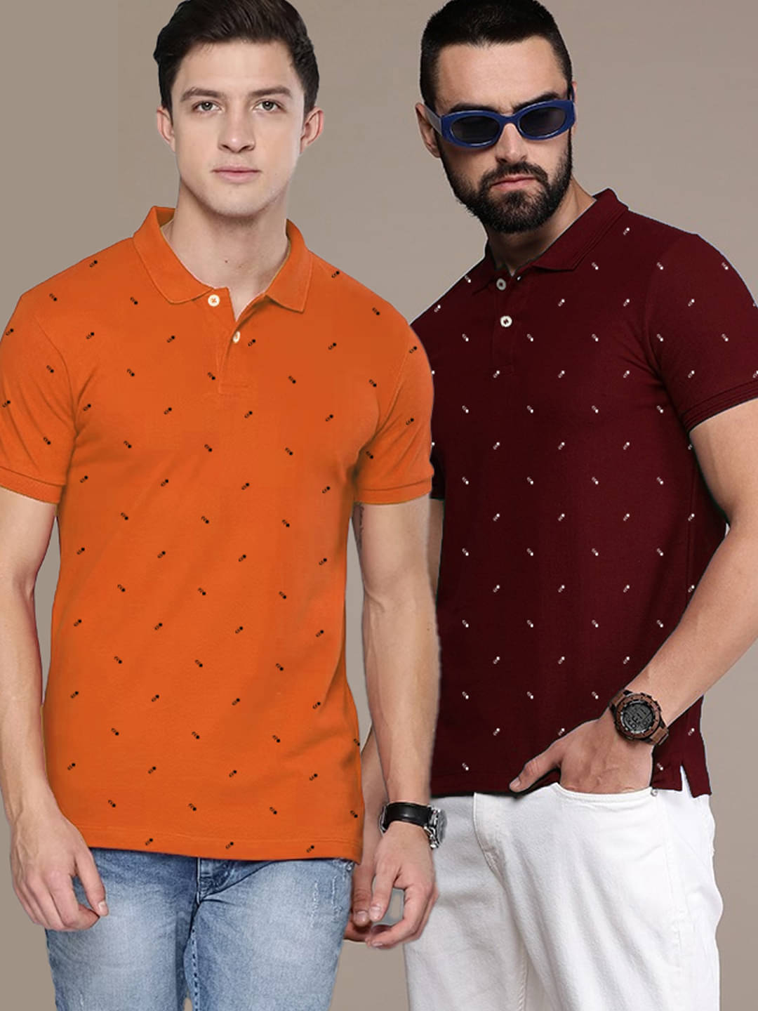 Merriment Pack of 2 Cotton Regular Fit Printed Half Sleeves Men's Polo T Shirt ( Orange ) Merriment Pack of 2 Cotton Regular Fit Printed Half Sleeves Men's Polo T Shirt ( Orange )