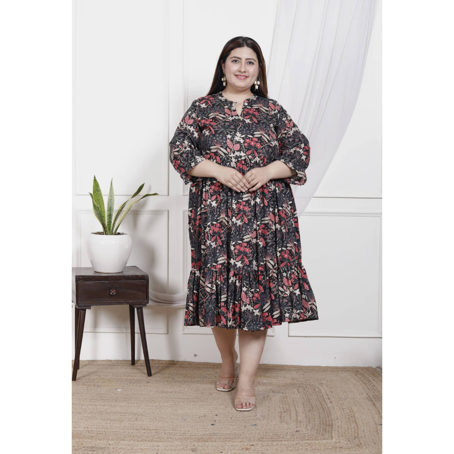 Swasti Women Cotton Printed Fit & Flare Dress ( Black )