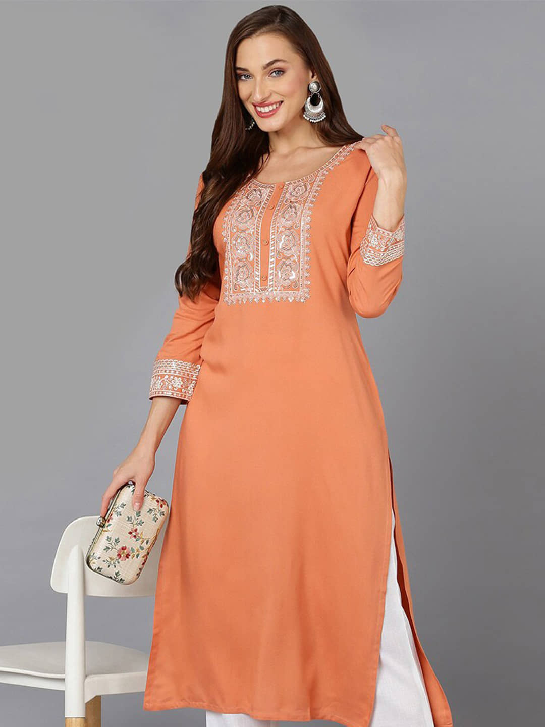 Vaamsi Pack of 1 Cotton Blend Embroidered Straight Women's Kurti - ( Coral ) - Kurtis, Tunics | Buy online on ZillyBuy