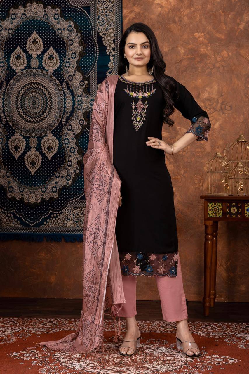 aplix Rayon Embroidered Kurti With Pants Women's Stitched Salwar Suit - Black ( Pack of 1 ) aplix Rayon Embroidered Kurti With Pants Women's Stitched Salwar Suit - Black ( Pack of 1 )